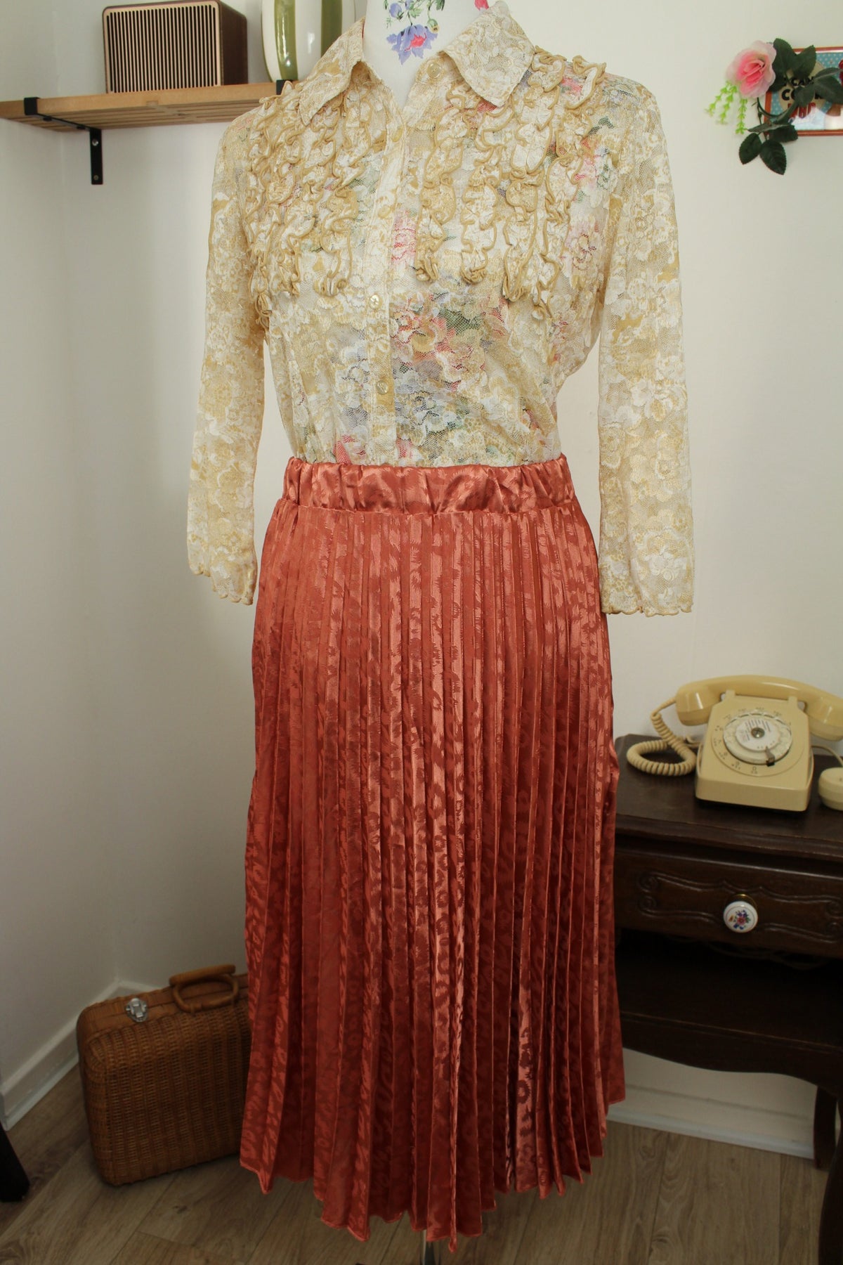 Jupe léopard vintage années 90 plissée made in Italy - terracotta & satinée - Taille 36/38