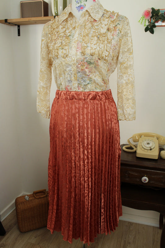 Jupe léopard vintage années 90 plissée made in Italy - terracotta & satinée - Taille 36/38