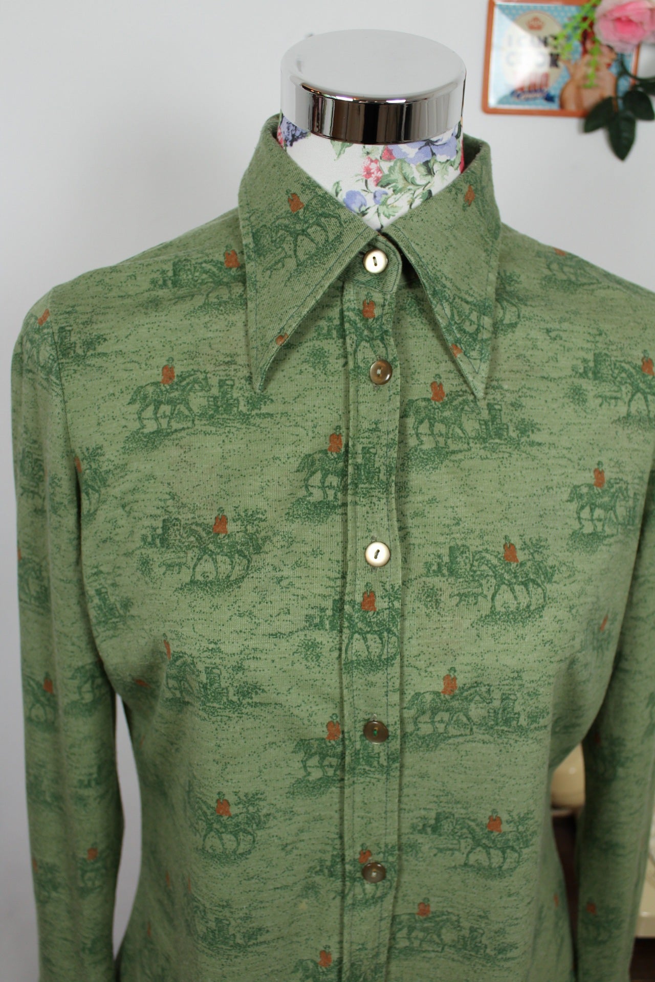 🌸🍒Chemise vintage 70's "chasse à courre" chevaux - made in France - Taille 38🍒🌸