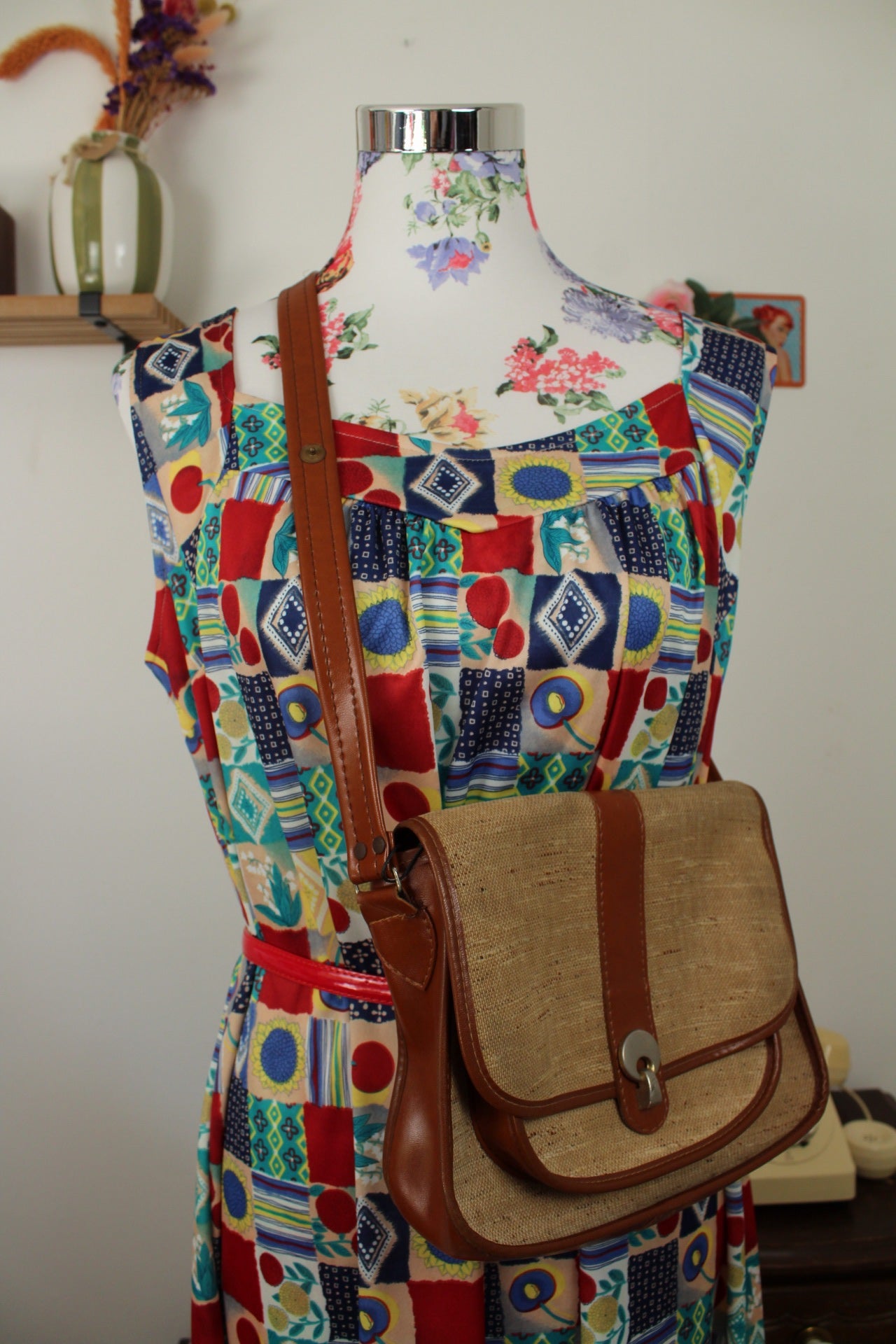 🌸🍒Sac vintage années 70/80 bi-matière toile + cuir camel🍒🌸