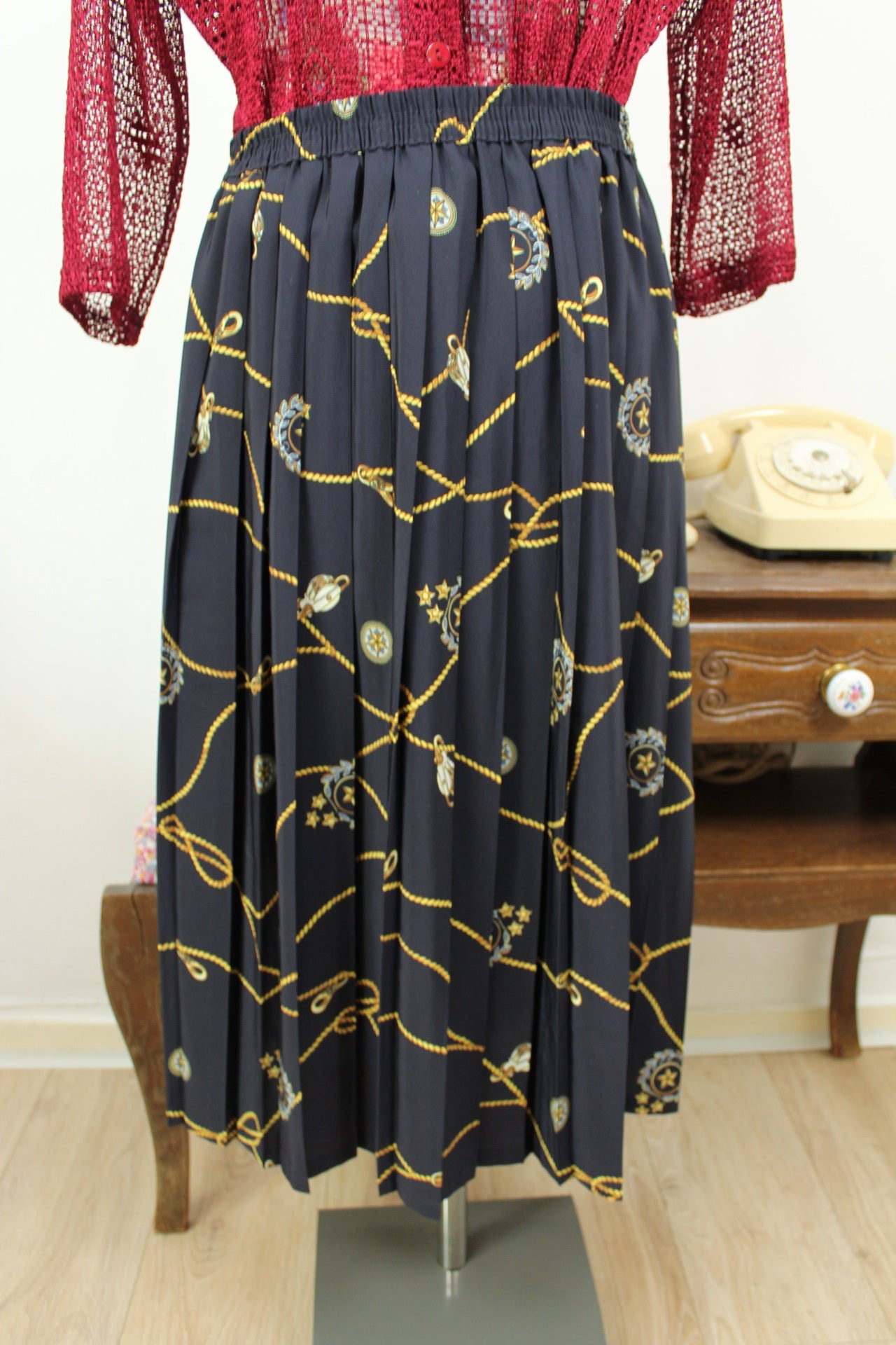 🌸🍒Jupe midi plissée vintage 80's imprimée motifs marins - Taille 38 à 42🍒🌸