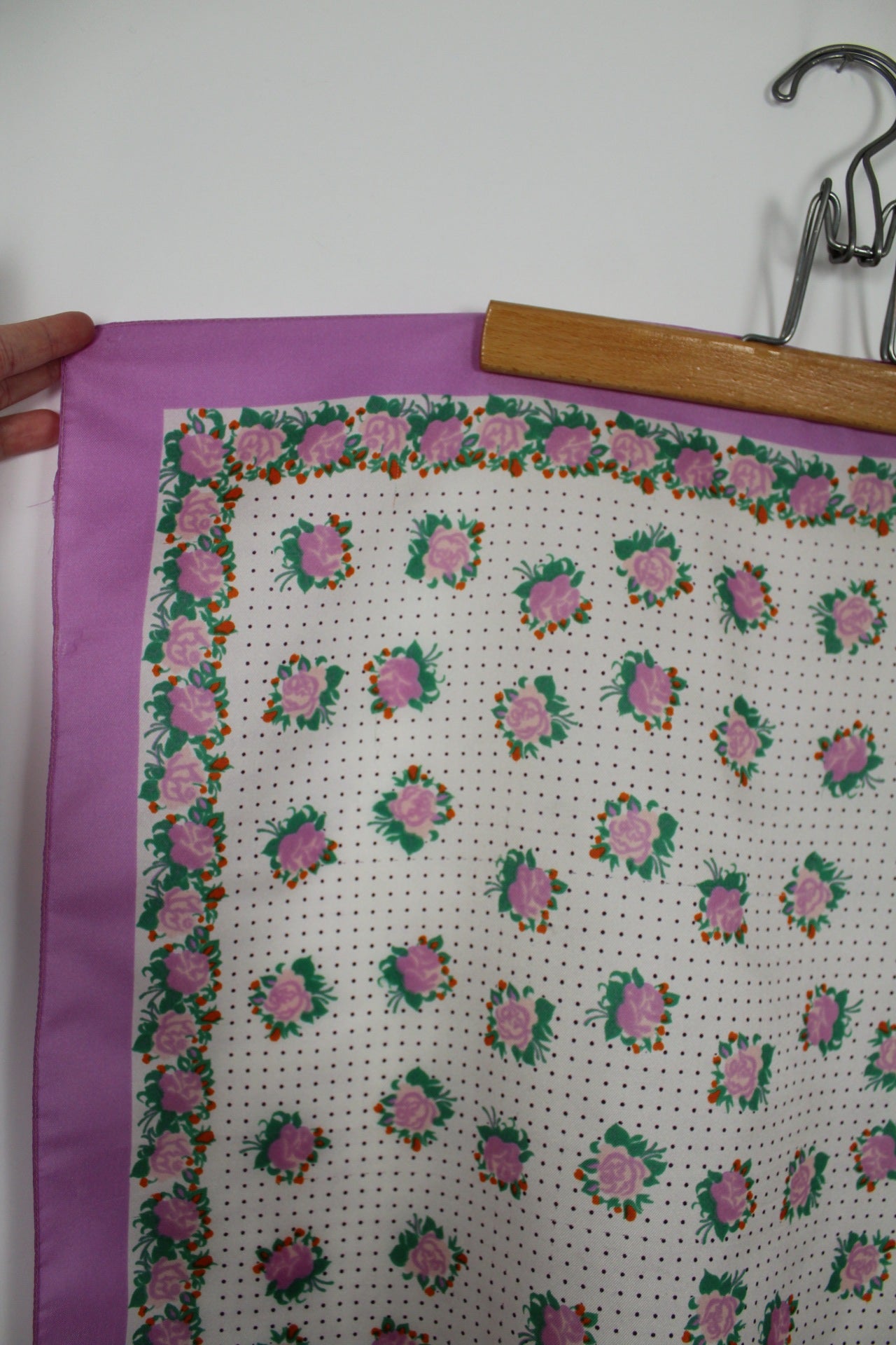 🌸🍒Foulard vintage 80's couleur lila motifs pois et roses 🍒🌸