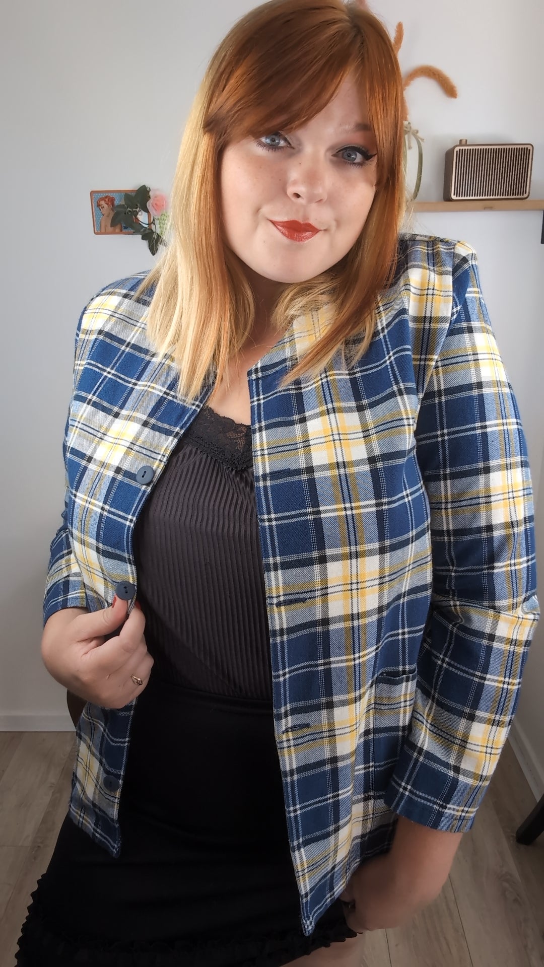 Veste vintage années 80/90 carreaux jaunes & marines en coton - Taille 40/42
