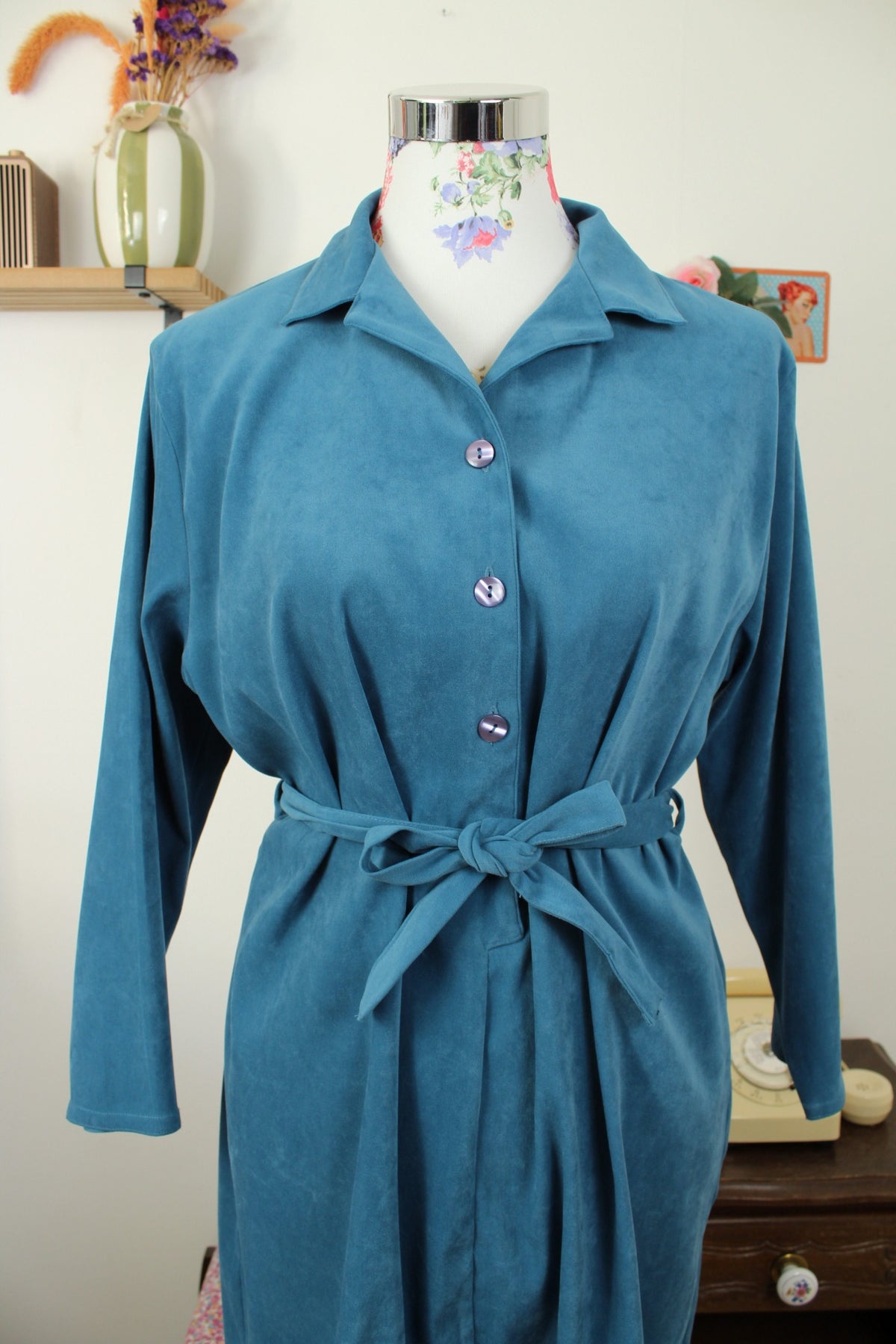 Robe bleu vintage années 90 velours lisse - esprit chemise ceinturée - Taille 40/42