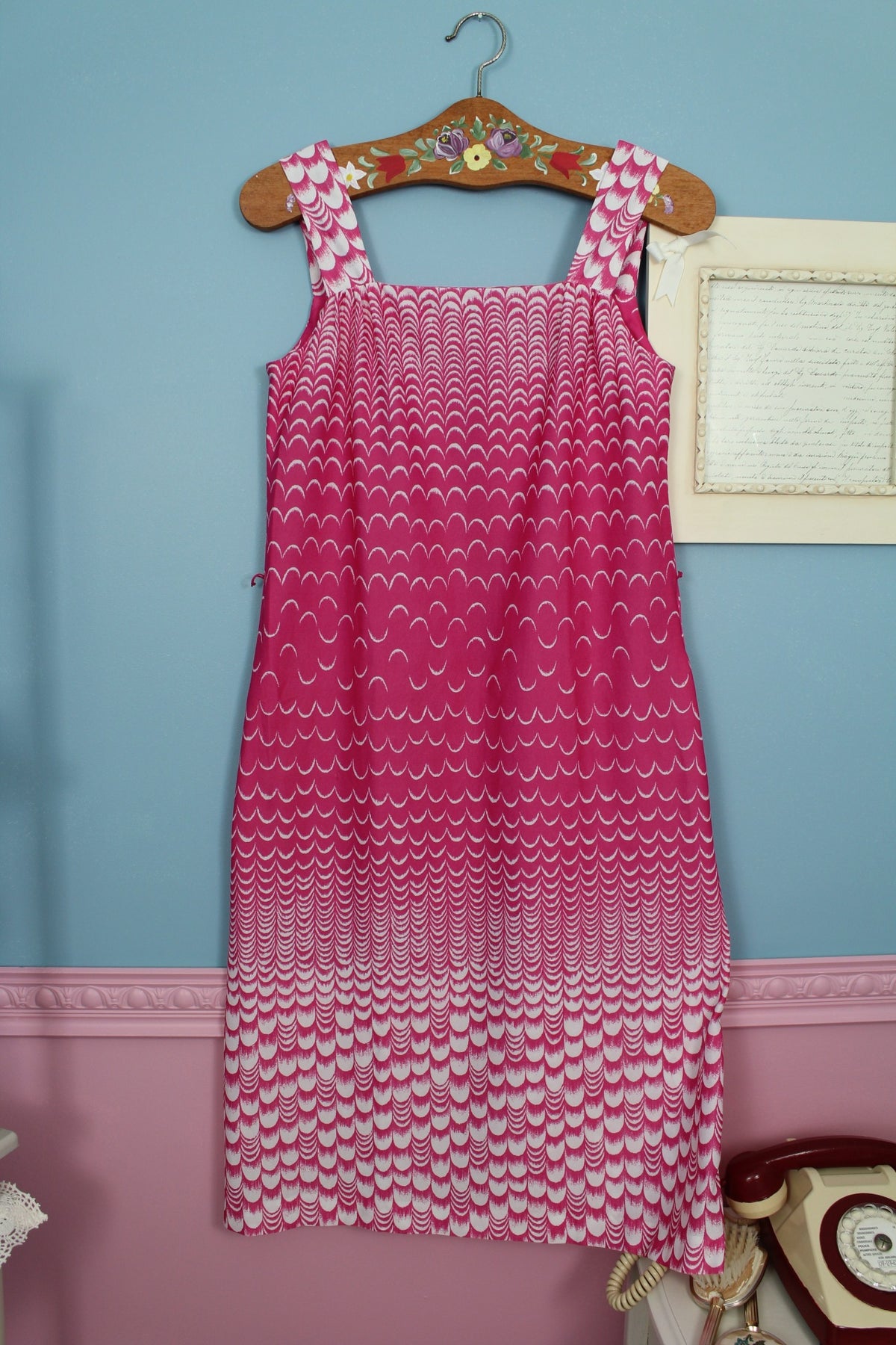 Ensemble robe + boléro vintage années 70 rose pep's motif coquille - Taille 36