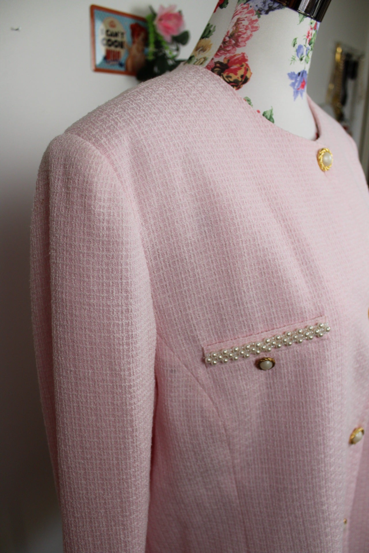 🌸 Ensemble jupe + veste preppy vintage 80's rose poudré - perles nacrées & boutons dorés🍒