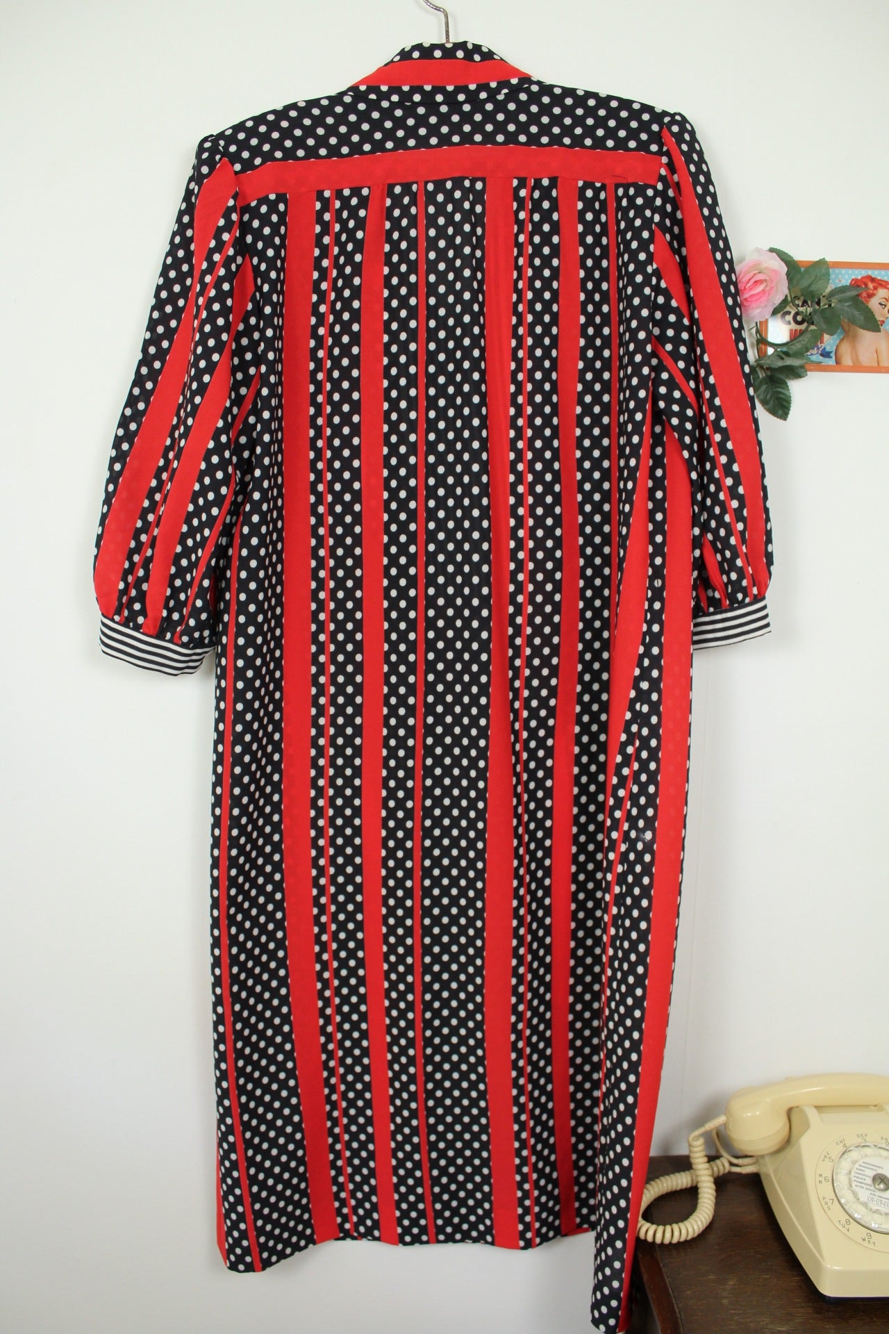 🌸🍒Robe vintage 70/80's pin-up/rockabilly pois & rayures boutonnée - Taille 42/44🍒🌸