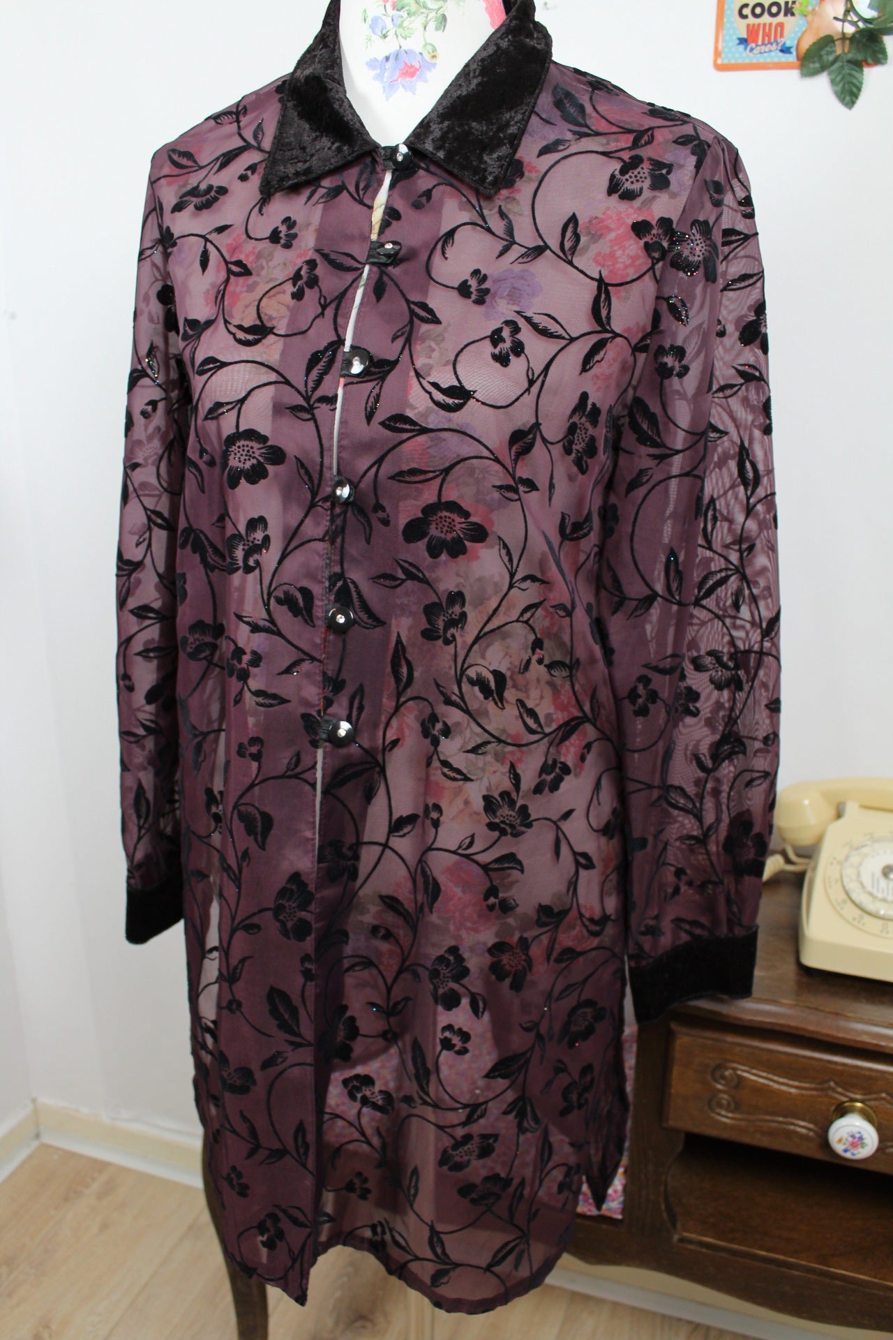 🌸🍒Chemise vintage 90's violette velours & paillettes - élégance mystique -Taille 38🍒🌸
