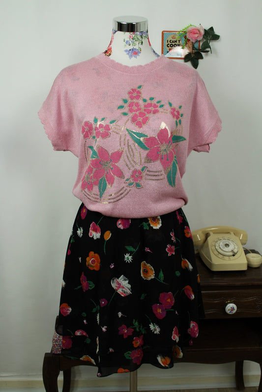 🌸🍒Pull fin vintage 70/80s fleuri rose & dorures en coton - Taille 38/40🍒🌸
