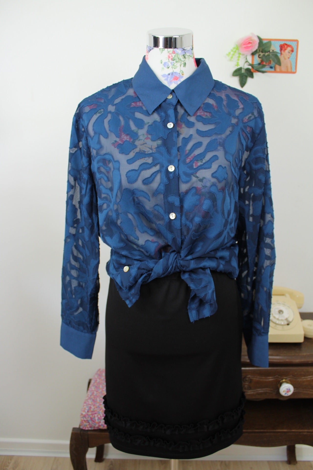 🍒🌸Chemise vintage 80/90s bleu marine - voile transparent - Taille 40/42🌸🍒
