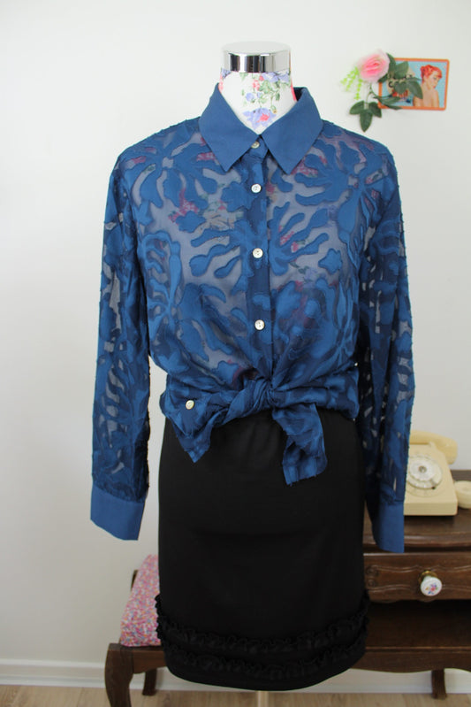 🍒🌸Chemise vintage 80/90s bleu marine - voile transparent - Taille 40/42🌸🍒