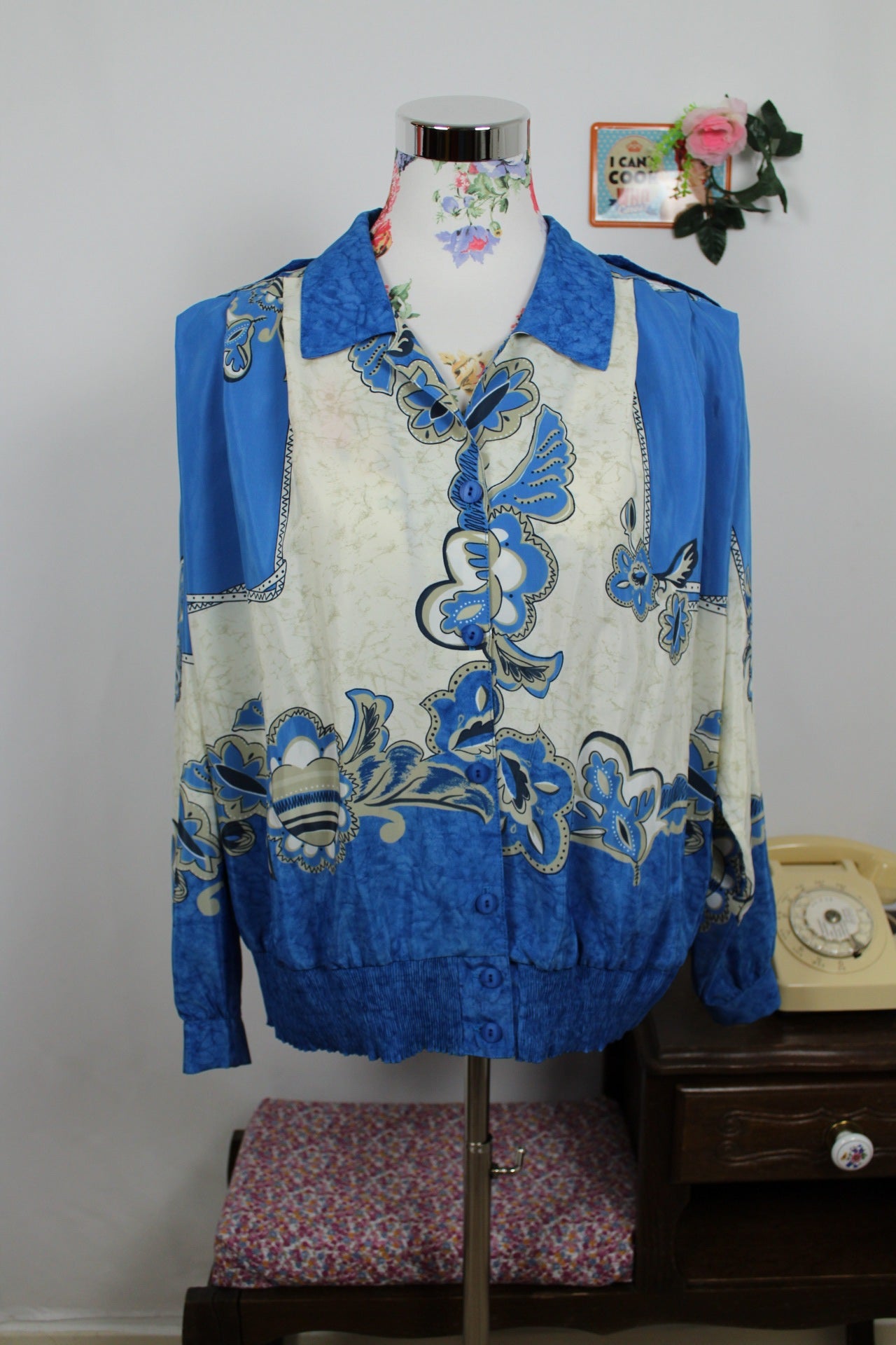 🍒🌸Chemise vintage baroque bleu & ivoire - années 80 - Taille 40 à 44🌸🍒