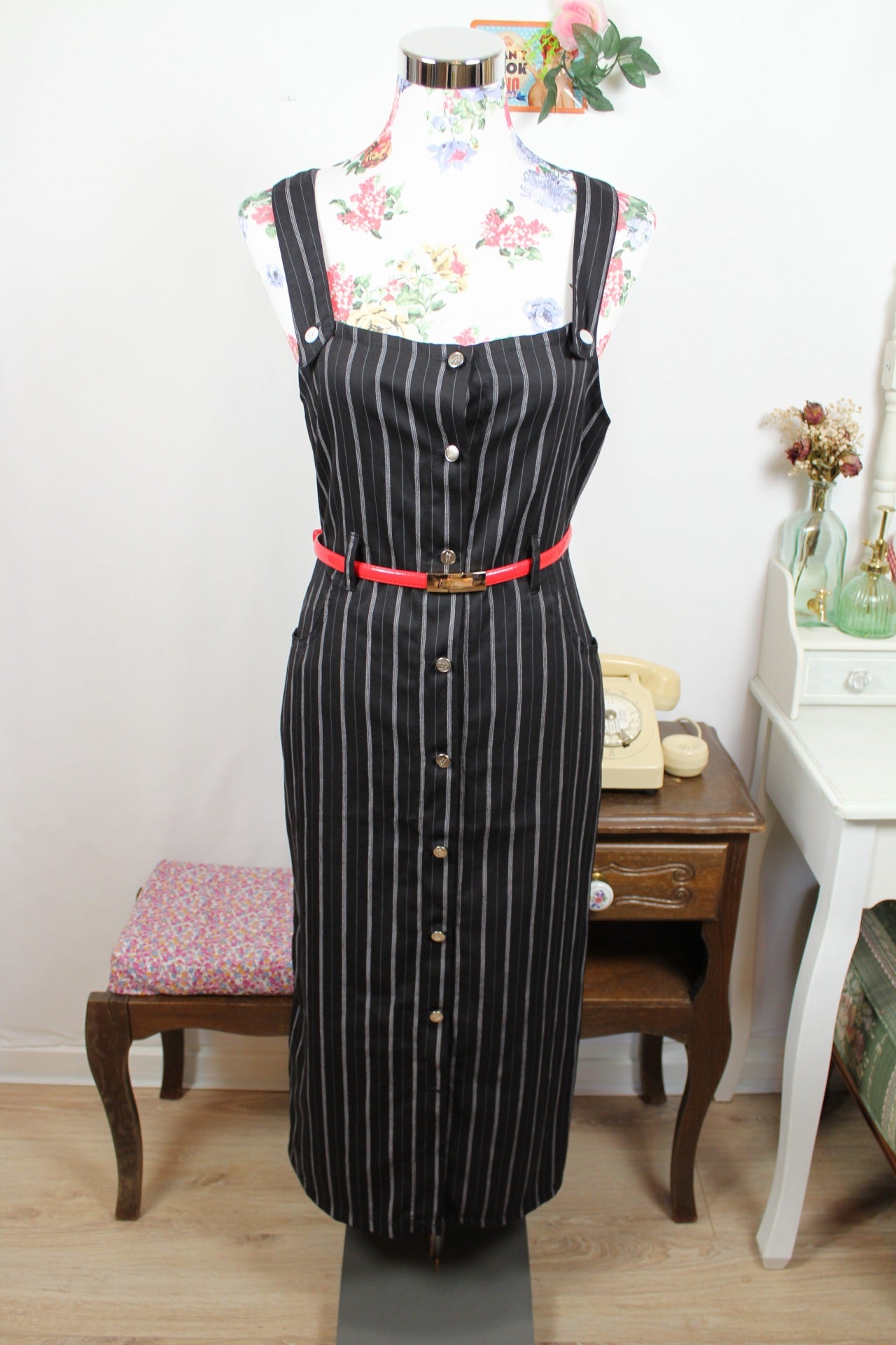 🍒🌸Robe jupe-salopette vintage Rita Marlow Paris rayée - style Mercredi Addams - T.34/36🌸🍒