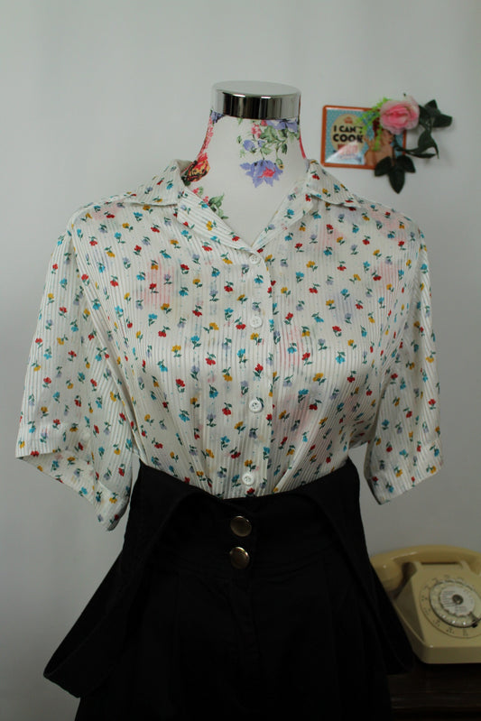 🌸🍒Chemise vintage 90's fluide satinée fleurie cottage romantique effet soie - Taille 40 à 44🍒🌸