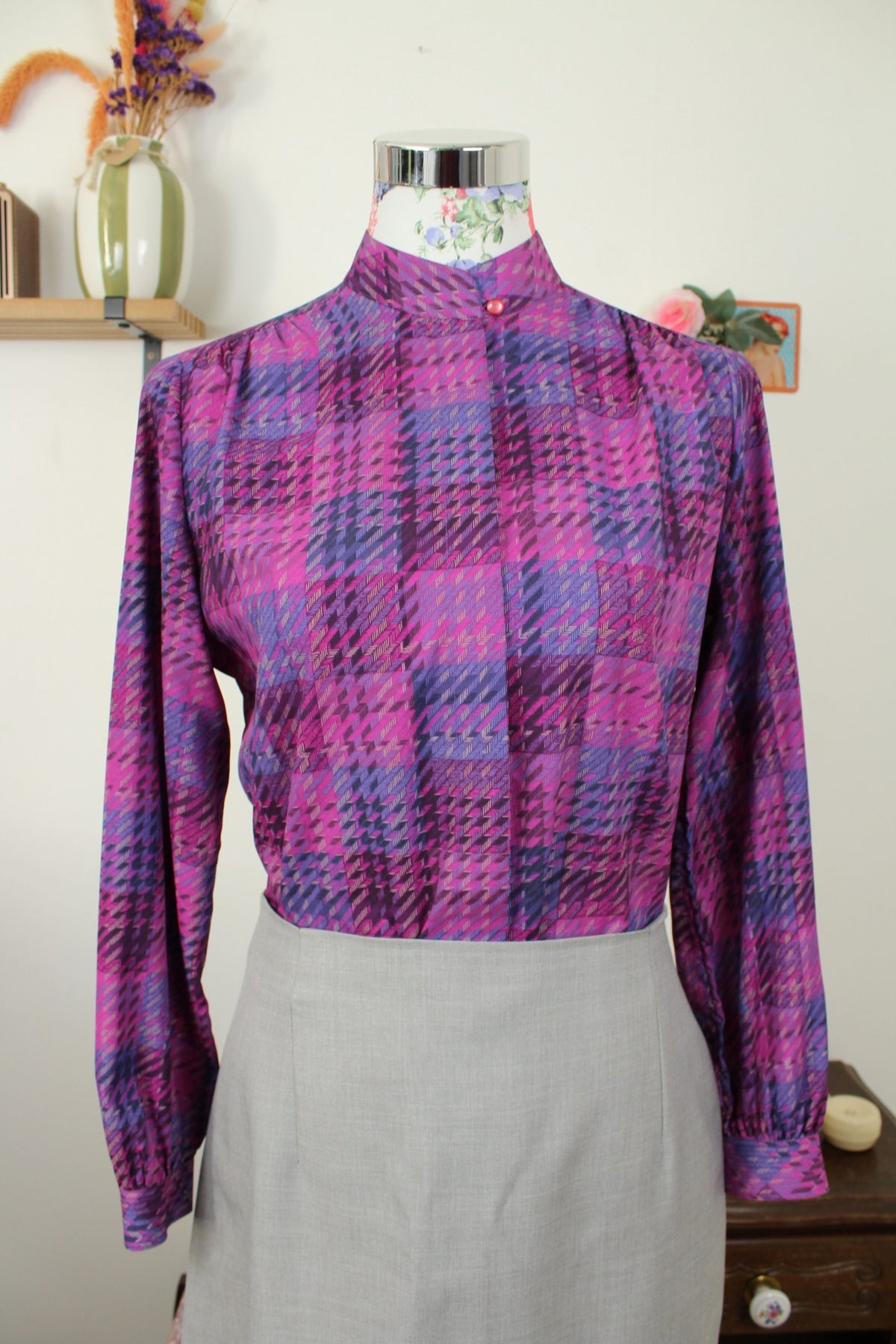 Chemise vintage années 80 violet à carreaux tartan col officier - Taille 38