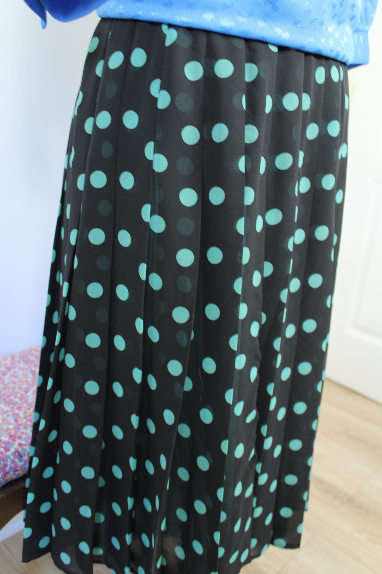 🌸🍒Jupe plissée vintage 80's à pois turquoise - inspiration pin-up 50's - Taille 44🍒🌸