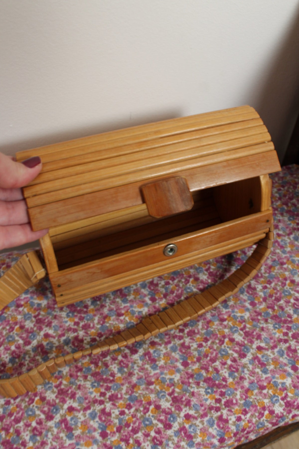 🌸🍒Sac vintage années 60/70 en lames de bois/bambou vernies esprit bohème🍒🌸