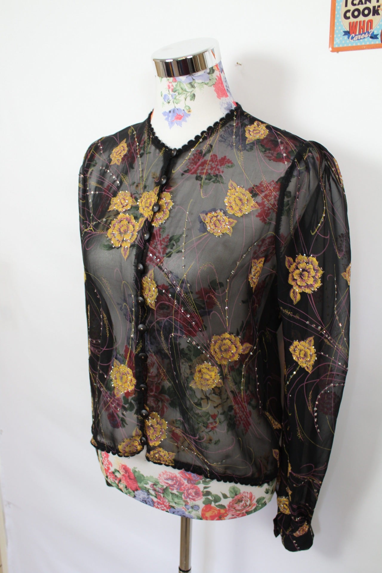 ✨Blouse transparente vintage noire fleurs dorées 80s - fêtes & soirées ✨