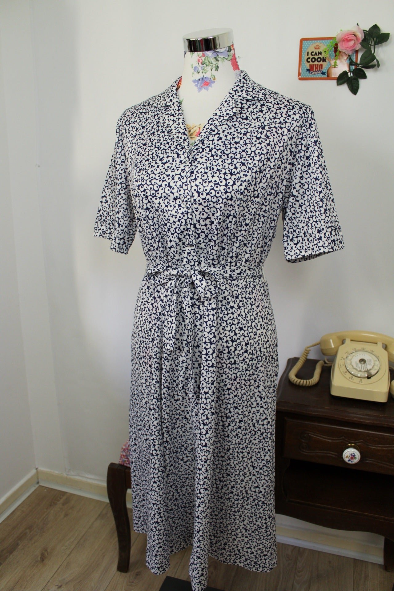 🍒🌸Robe chemisier vintage 80s à pois bleu marine - pin-up chic à la française - Taille 40/42🌸🍒