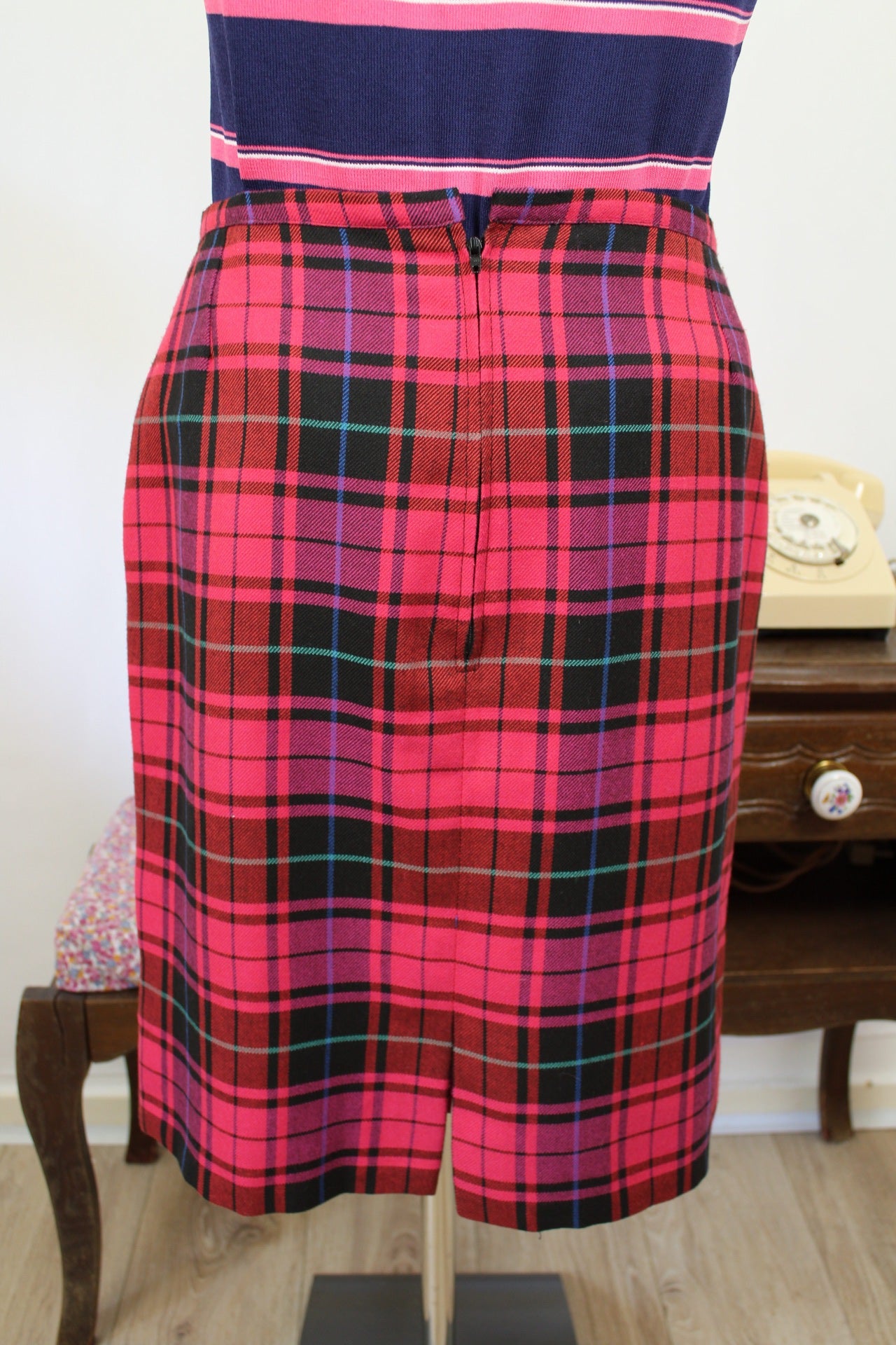 🌸🍒Jupe vintage tartan rose/violet 90s - fait main esprit punk chic pin-up - Taille 40🍒🌸