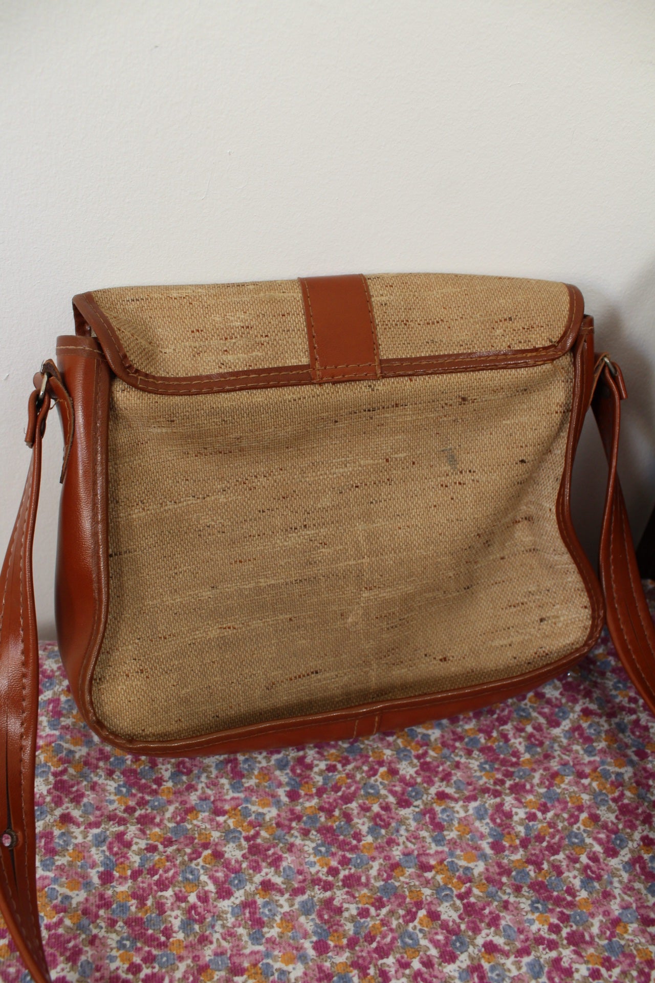 🌸🍒Sac vintage années 70/80 bi-matière toile + cuir camel🍒🌸
