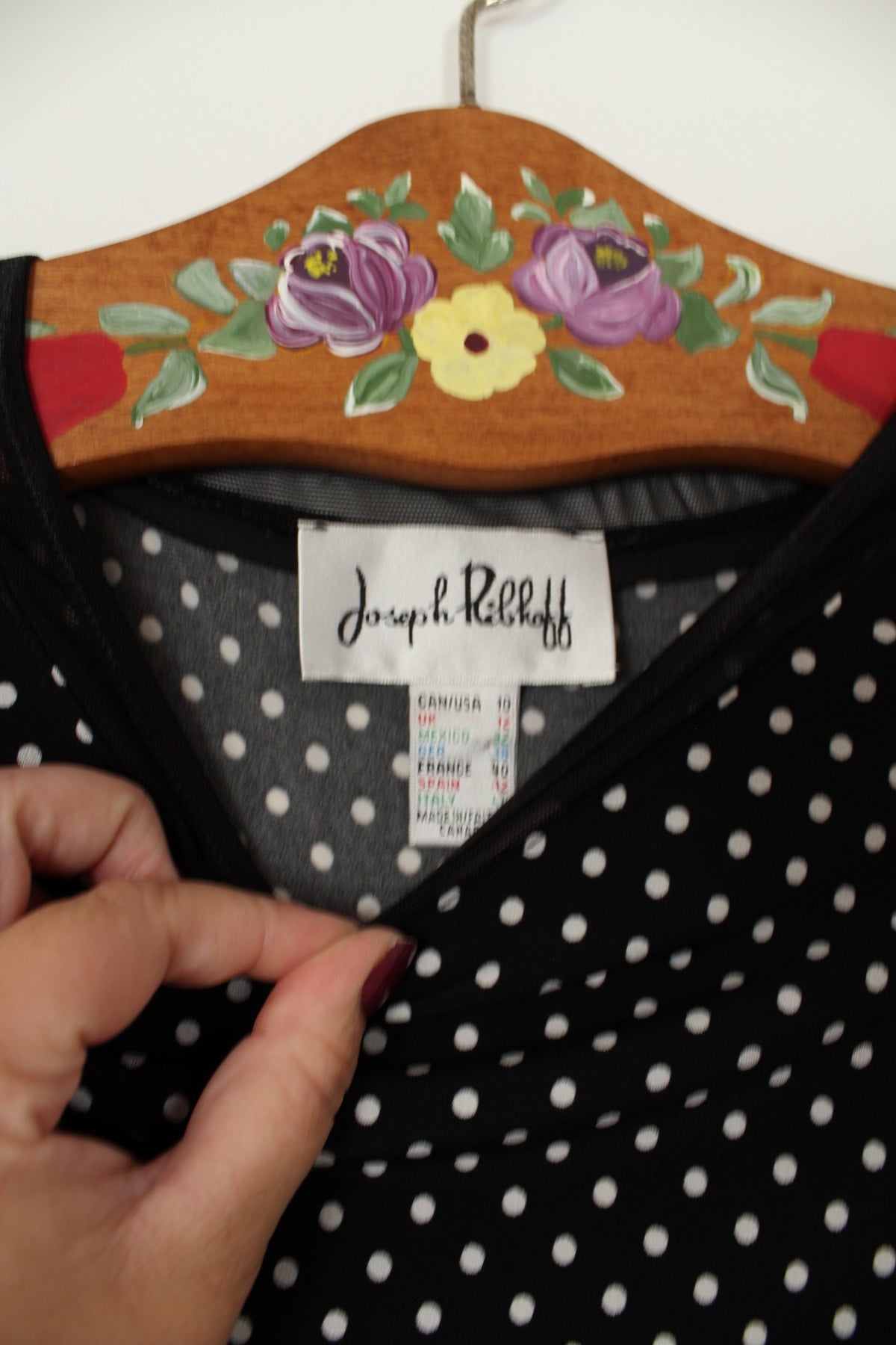 🌸🍒Robe vintage années 90 noire à pois - style pin-up & volants ajourés - Joseph Ribkoff - Taille 36/38🍒🌸