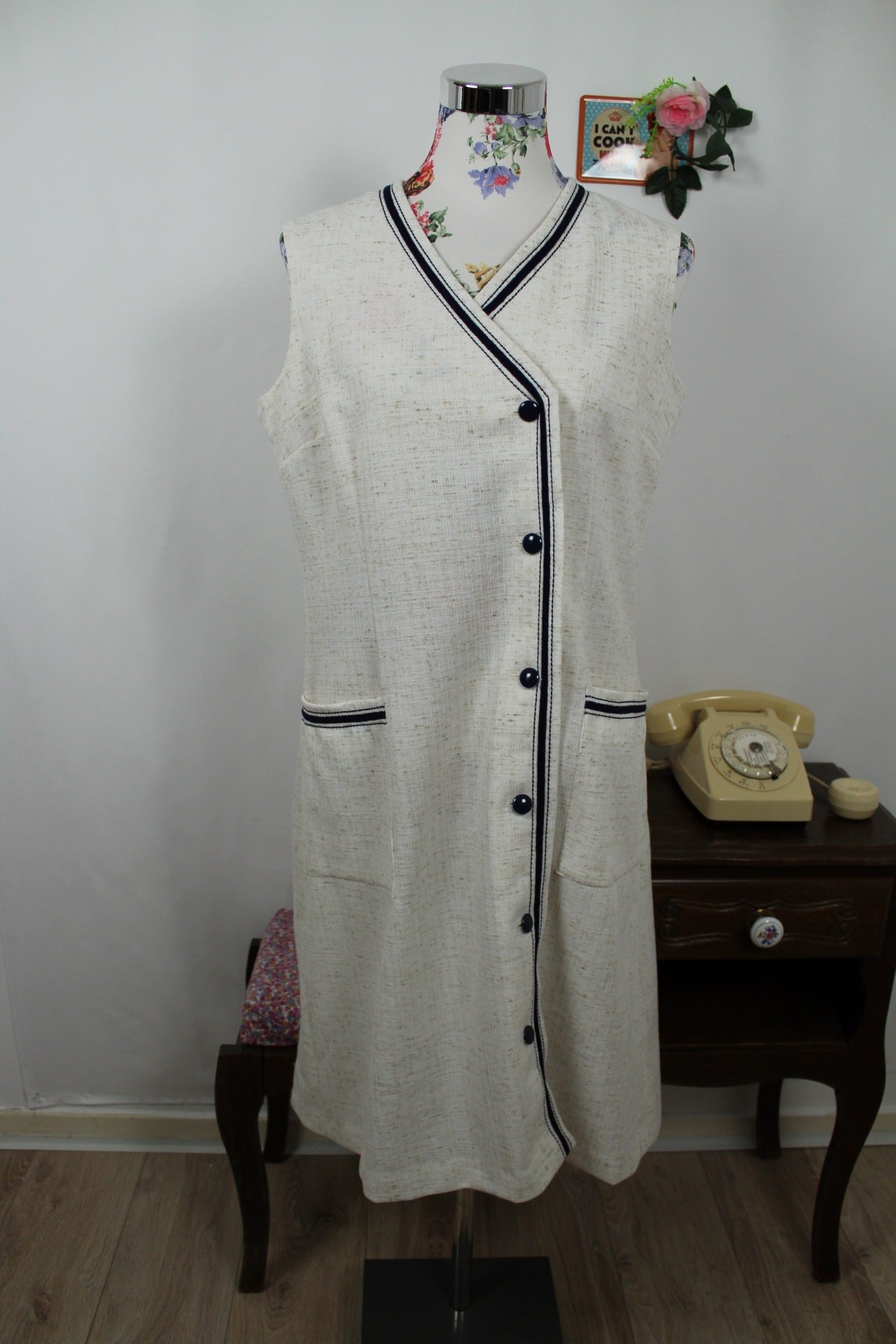 🍒🌸Robe vintage 80s crème chinée en lin - Taille 40🌸🍒