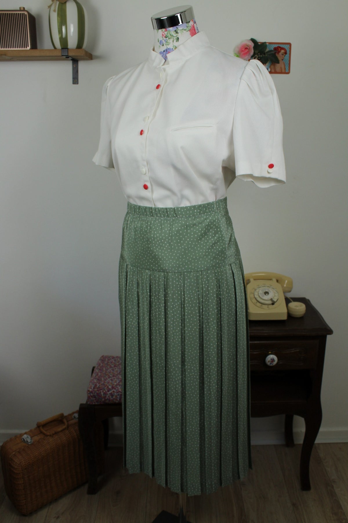 Chemisier blanc vintage années 80/90 en coton épais côtelé - Taille 38/40