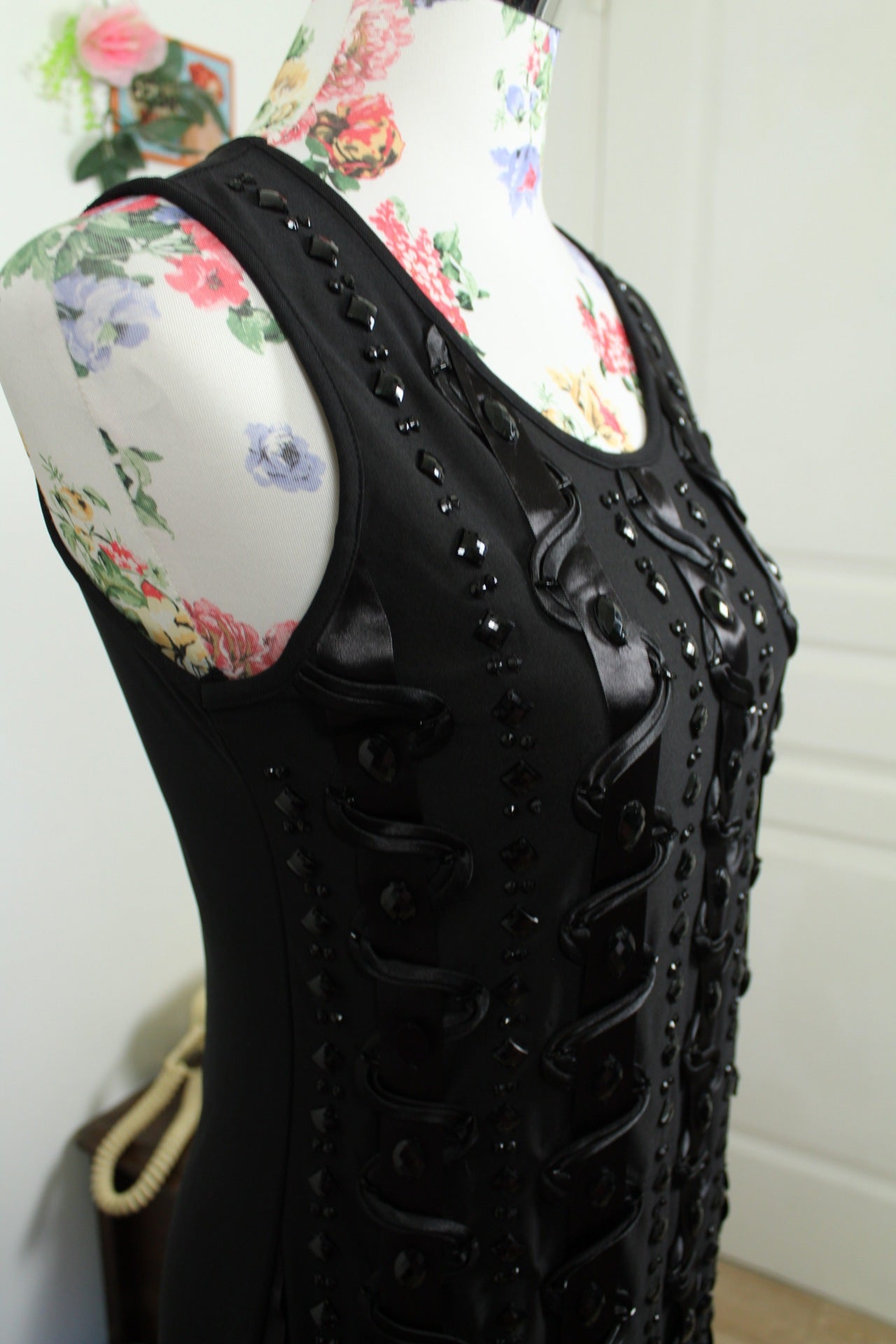 🌸🍒Robe 2000's dark romantique perles & rubans satinés - Taille 36/38🍒🌸