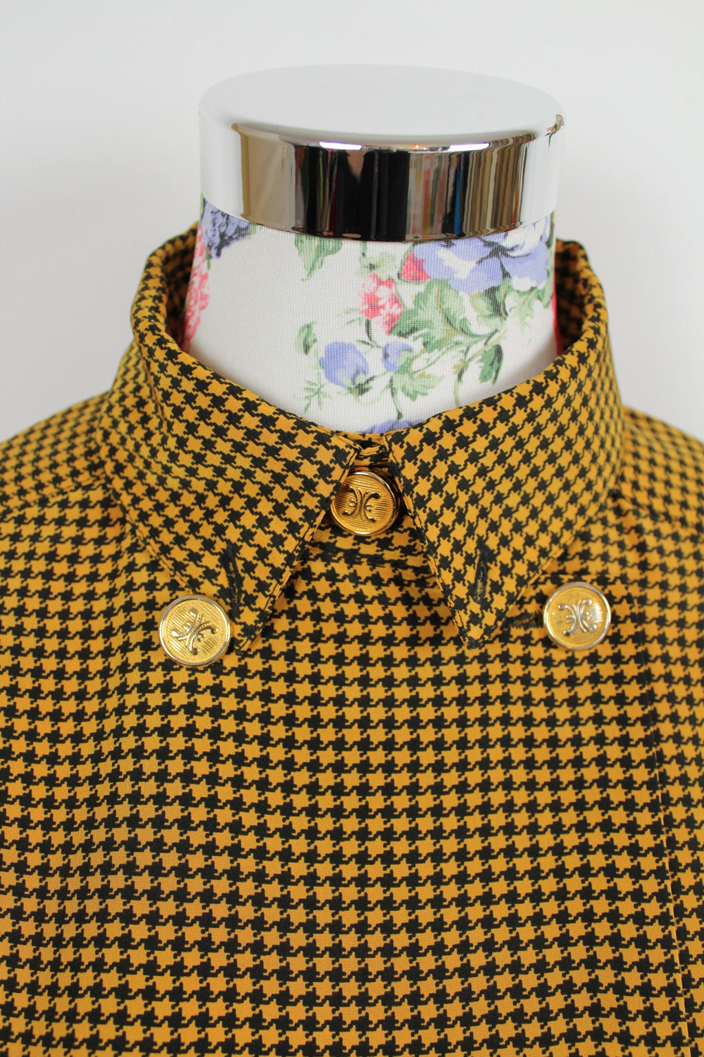 🌸Chemise vintage 80s chic - pieds de poule moutarde & boutons dorés🍒