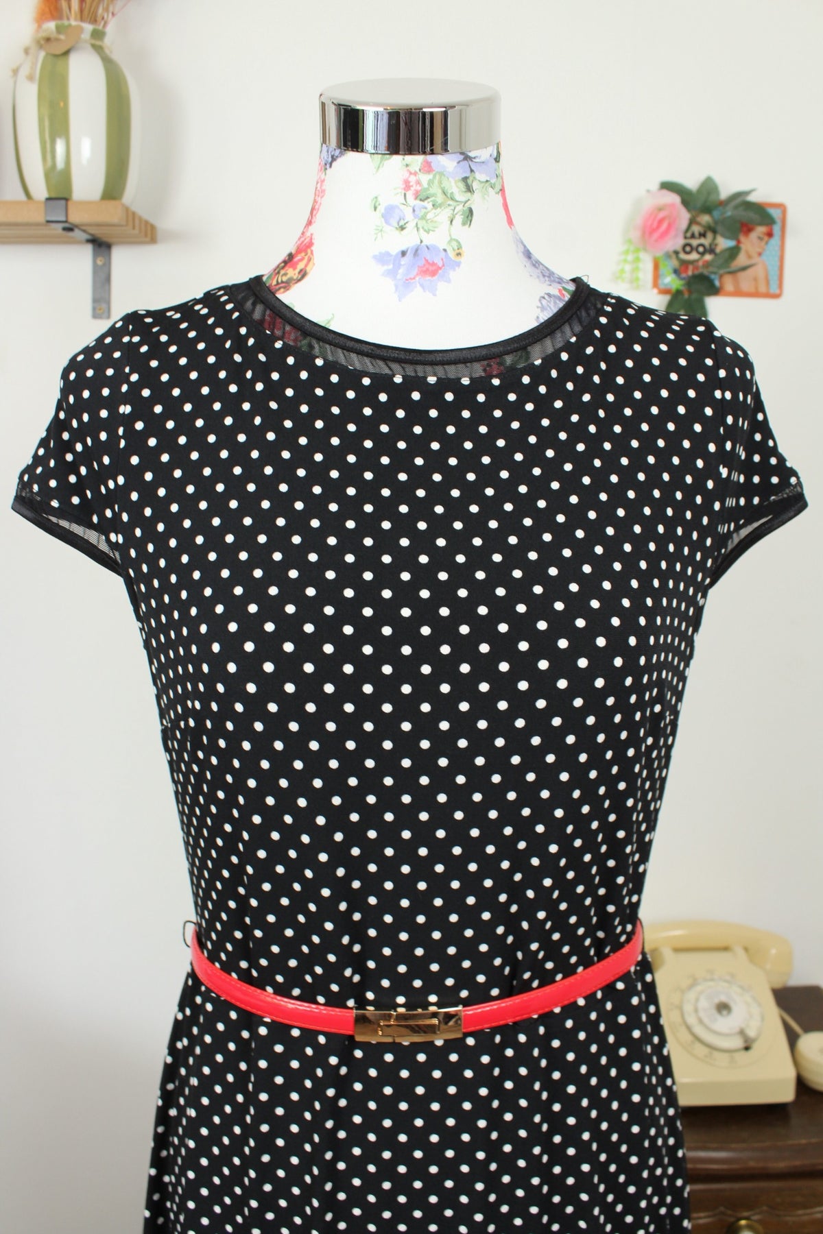 🌸🍒Robe vintage années 90 noire à pois - style pin-up & volants ajourés - Joseph Ribkoff - Taille 36/38🍒🌸