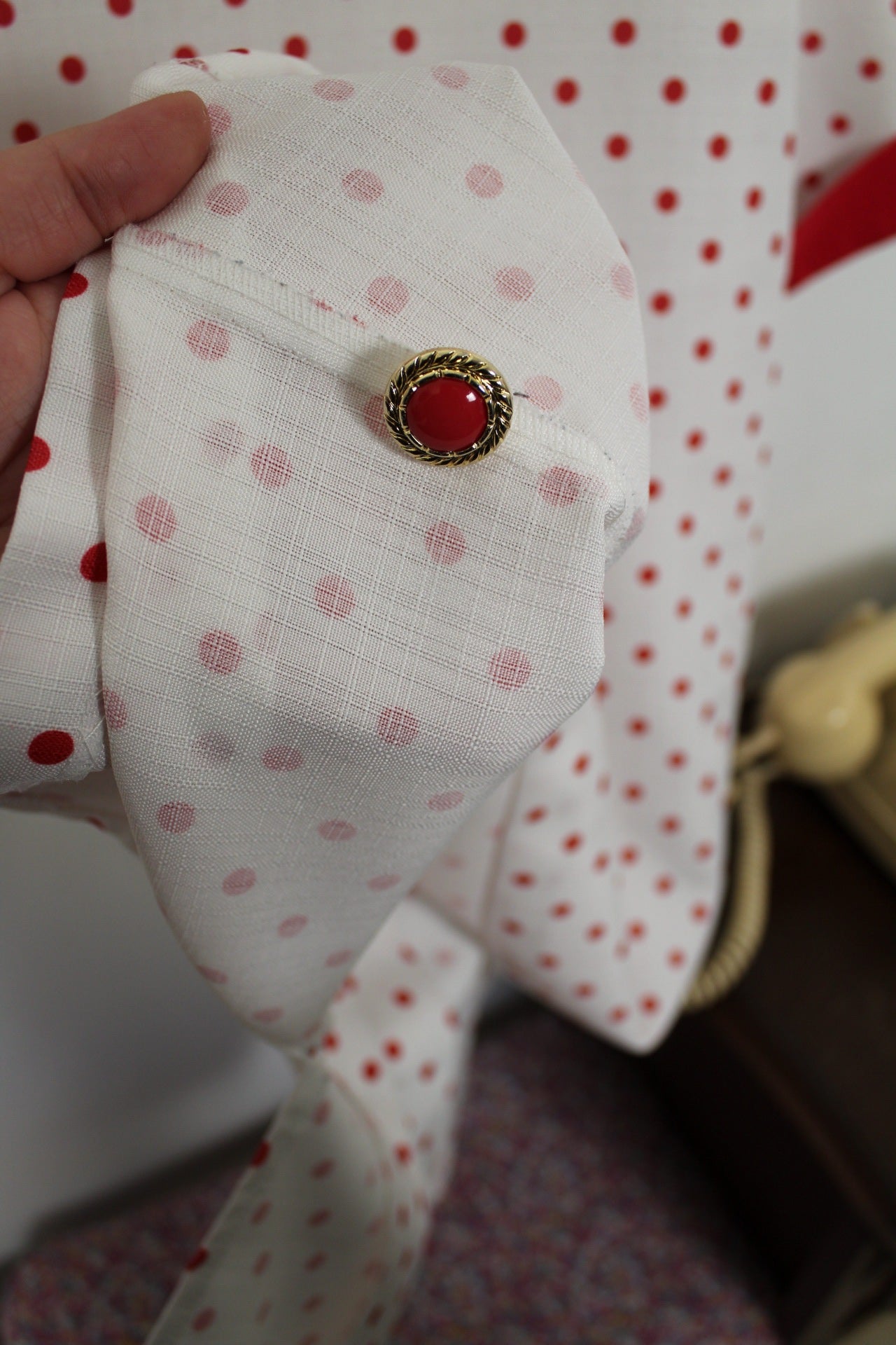 🌸🍒Blouse vintage 80's esprit tailleur pin-up rockabilly - pois & boutons bijoux - Taille 44🍒🌸