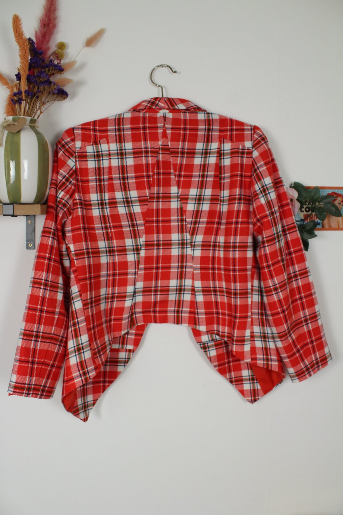 Veste vintage années 80 carreaux tartan rouge & blanc - à deux pans pointus - Taille 38