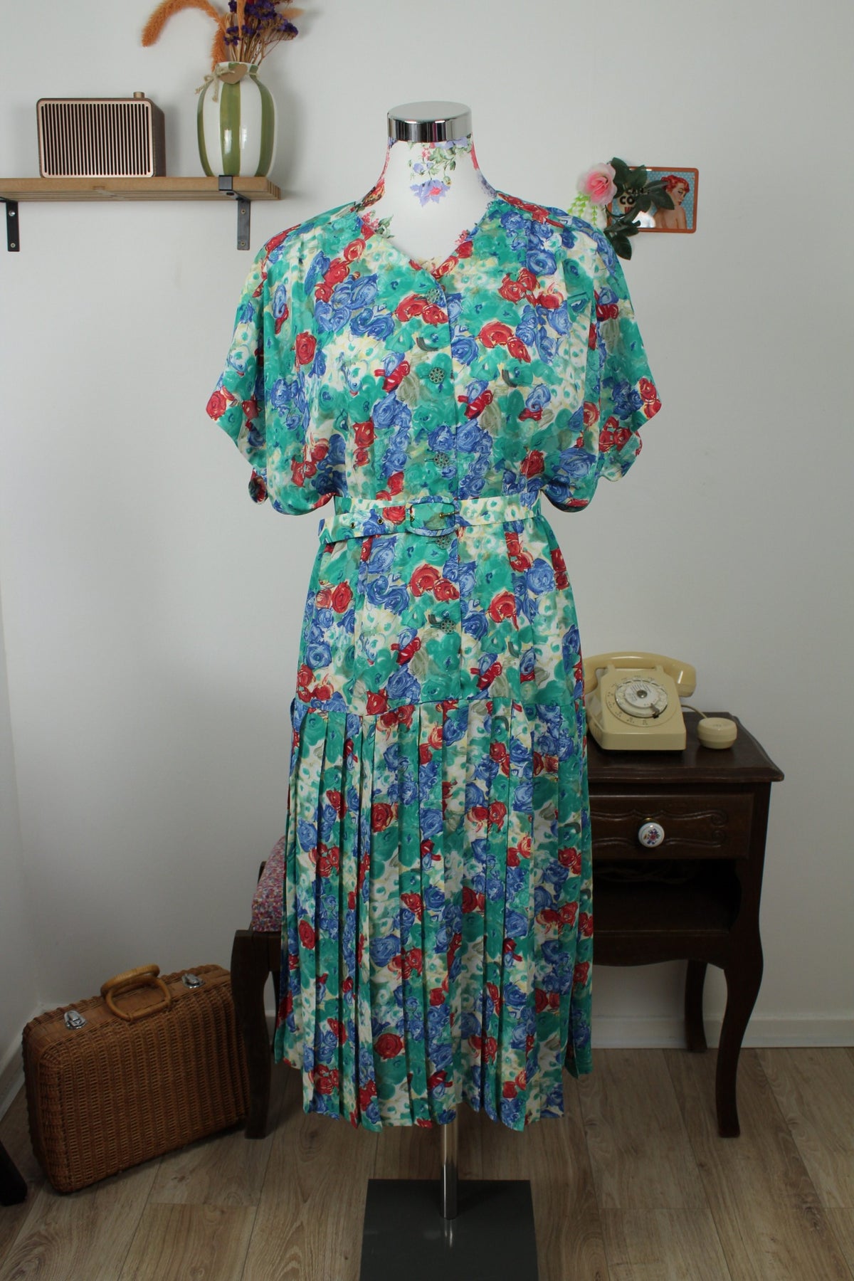 Robe vintage années 80 imprimée de roses abstraites - taille 48