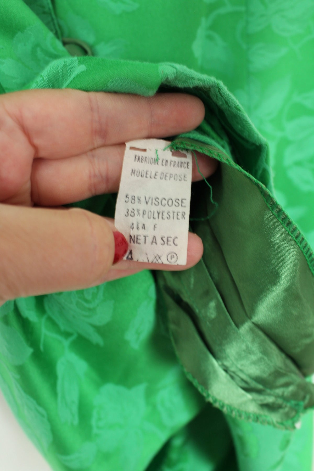 Robe vintage années 80/90 romantique vert satiné & roses ton sur ton - Taille 40