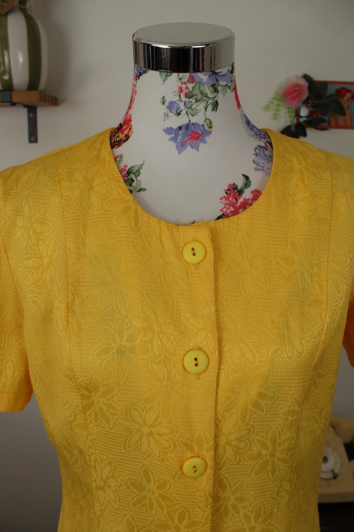 🌸🍒 Ensemble jupe + blouse vintage années 80 tissu texturé jacquard fleuri jaune - Taille 38/40🍒🌸