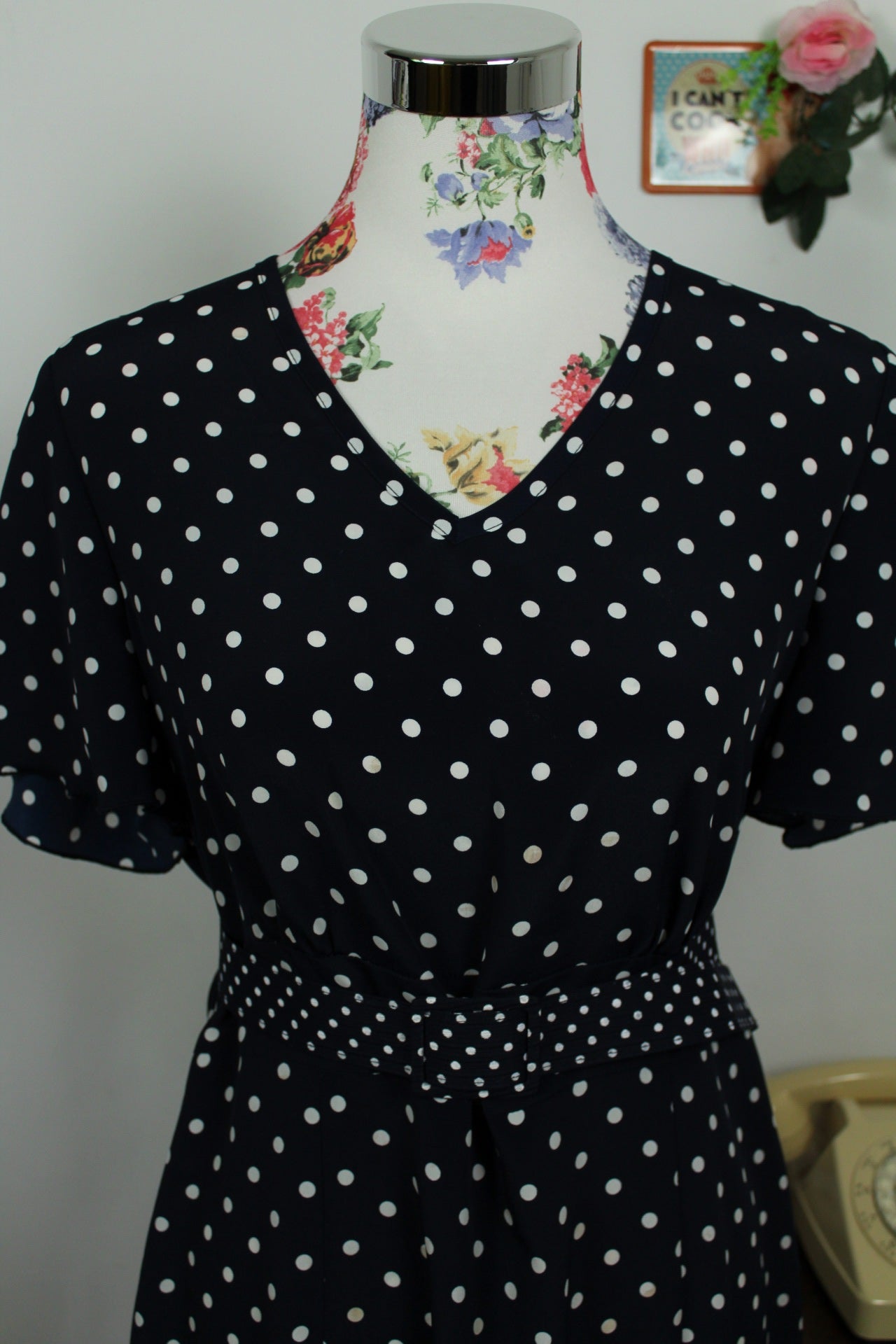 🌸🍒Robe vintage 80/90's marine à pois style pin-up/rockabilly - Taille 40🍒🌸
