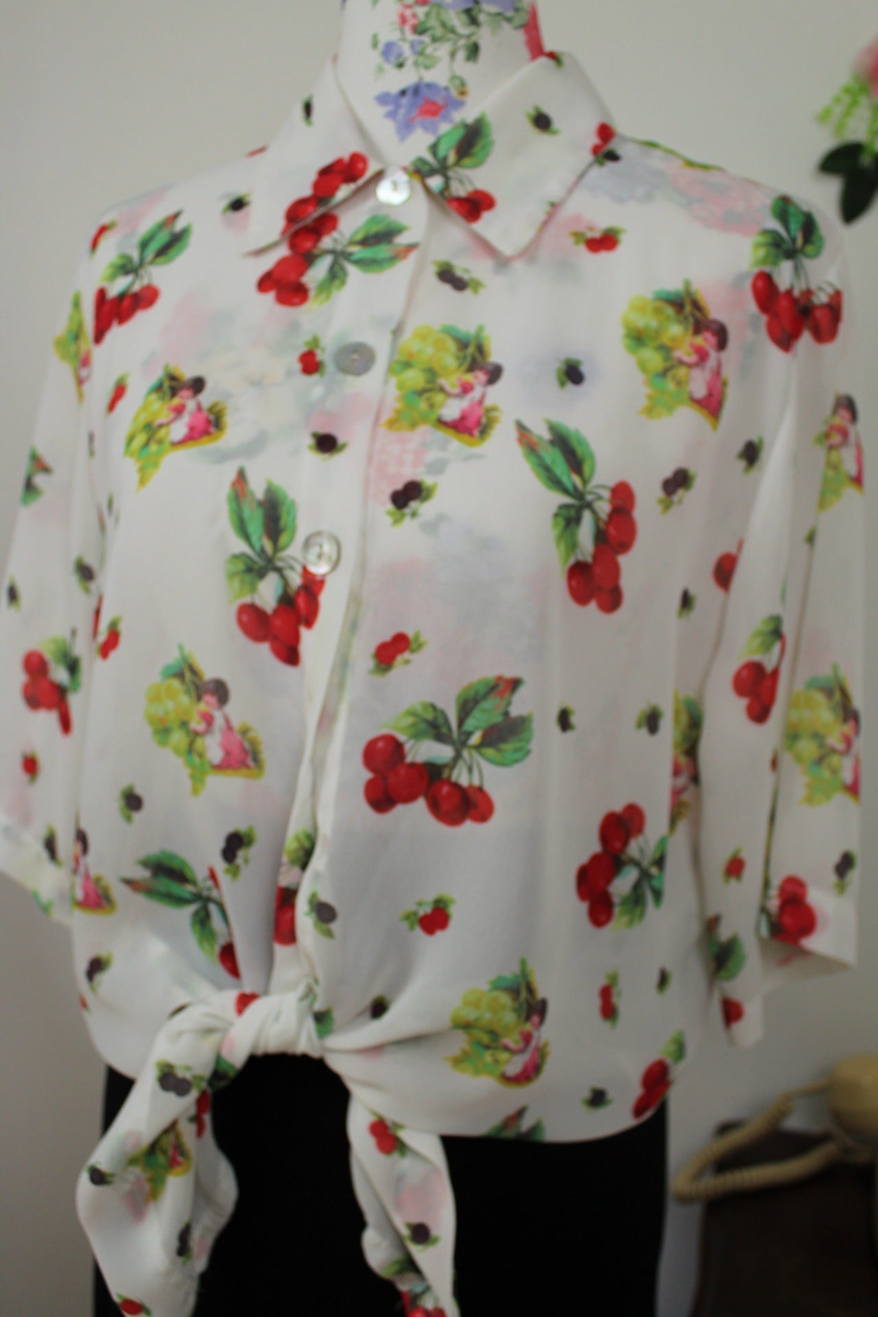 🌸🍒Chemise vintage 80/90's motifs fruits & anges romantique - Taille 38/40🍒🌸