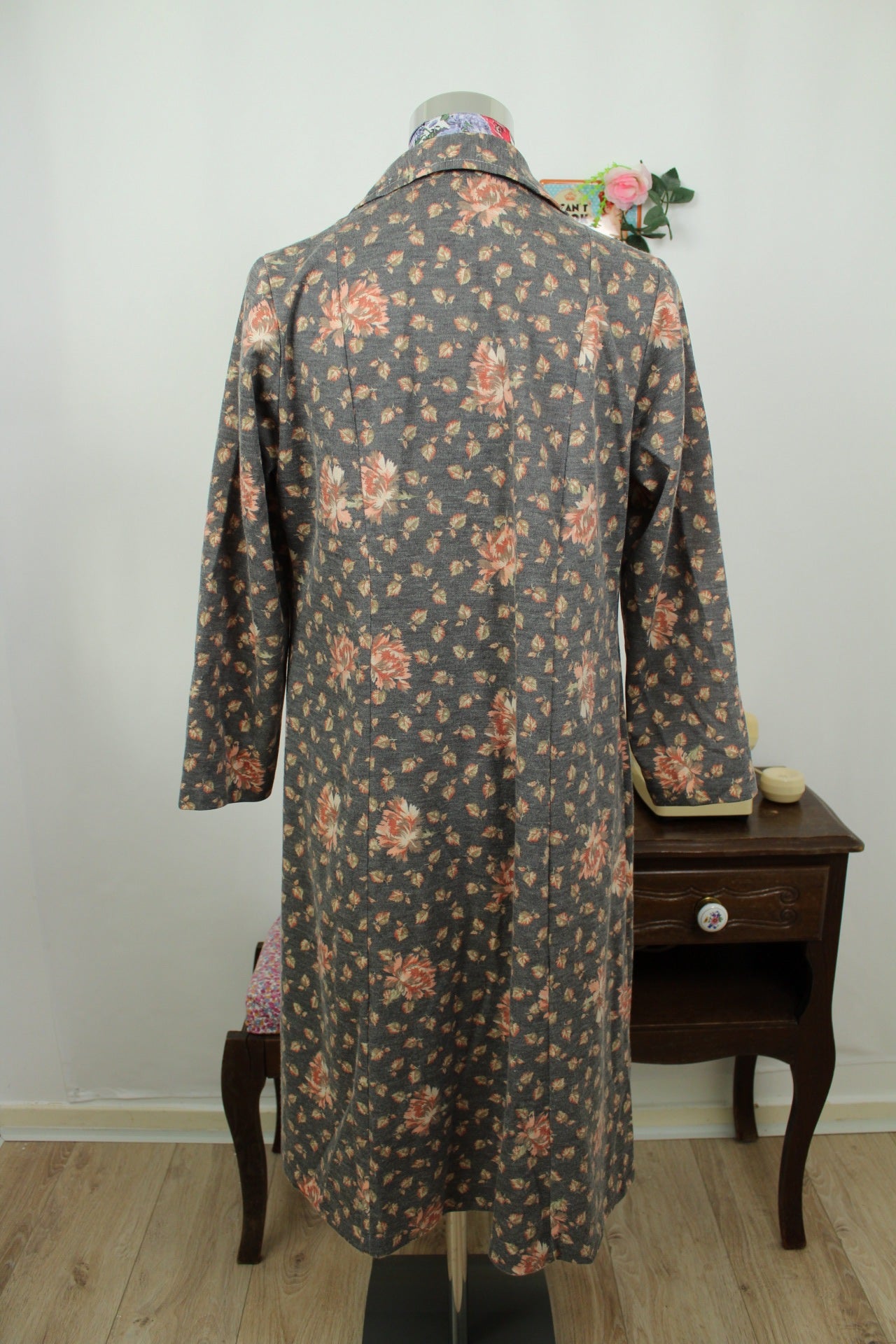 🌸🍒Robe vintage 70/80's grise fleurie évasée col chemise - T.40/42🍒🌸