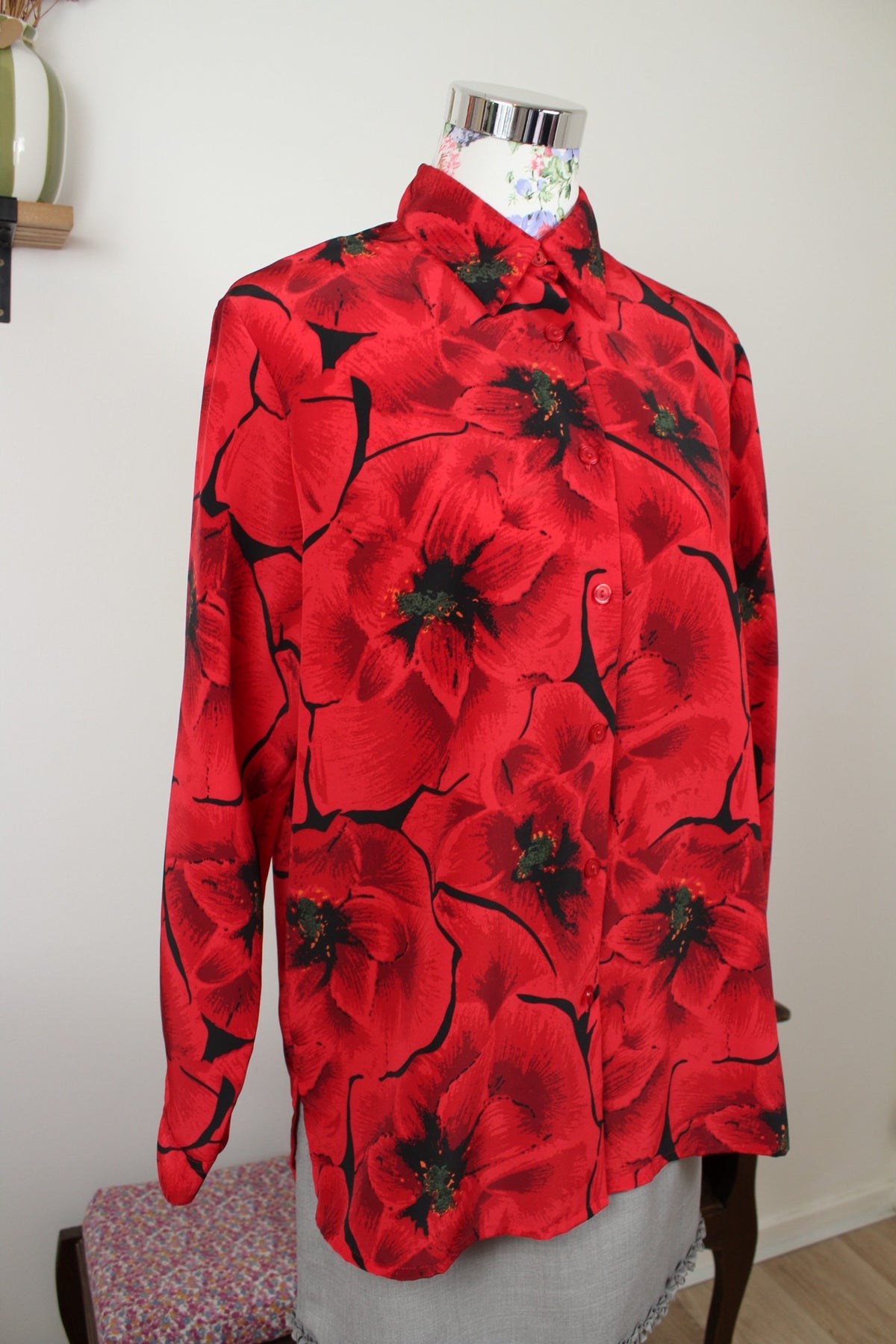 Chemise vintage années 80 romantique motif coquelicots - Taille 40/42