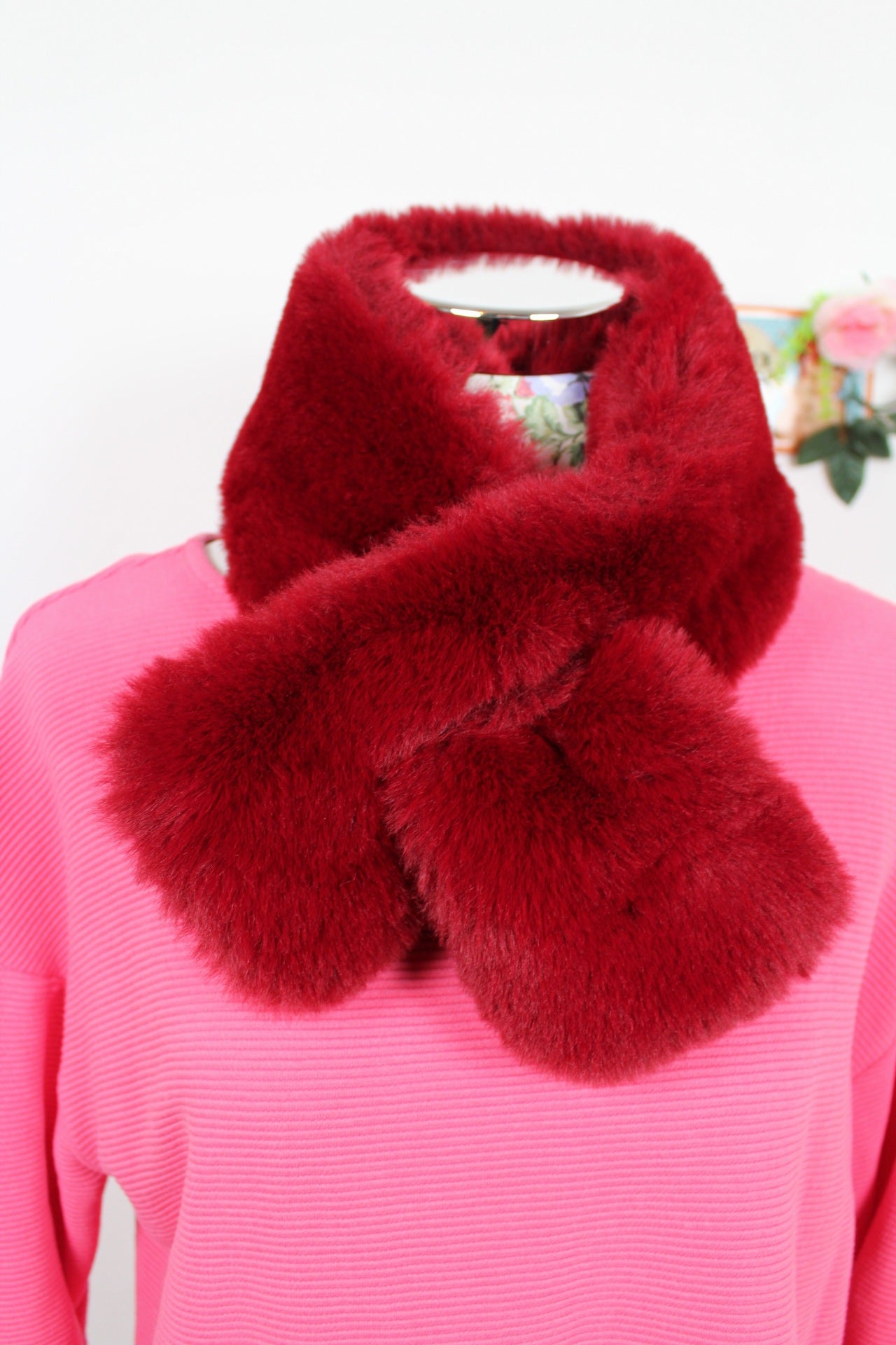 🌸🍒Tour de cou vintage 90's en fausse fourrure bordeaux🍒🌸