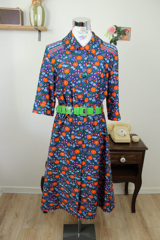 🌸🍒Robe vintage 70's fleurie ultra colorée - marguerites oranges pep's & ceinture - Taille 38/40🍒🌸