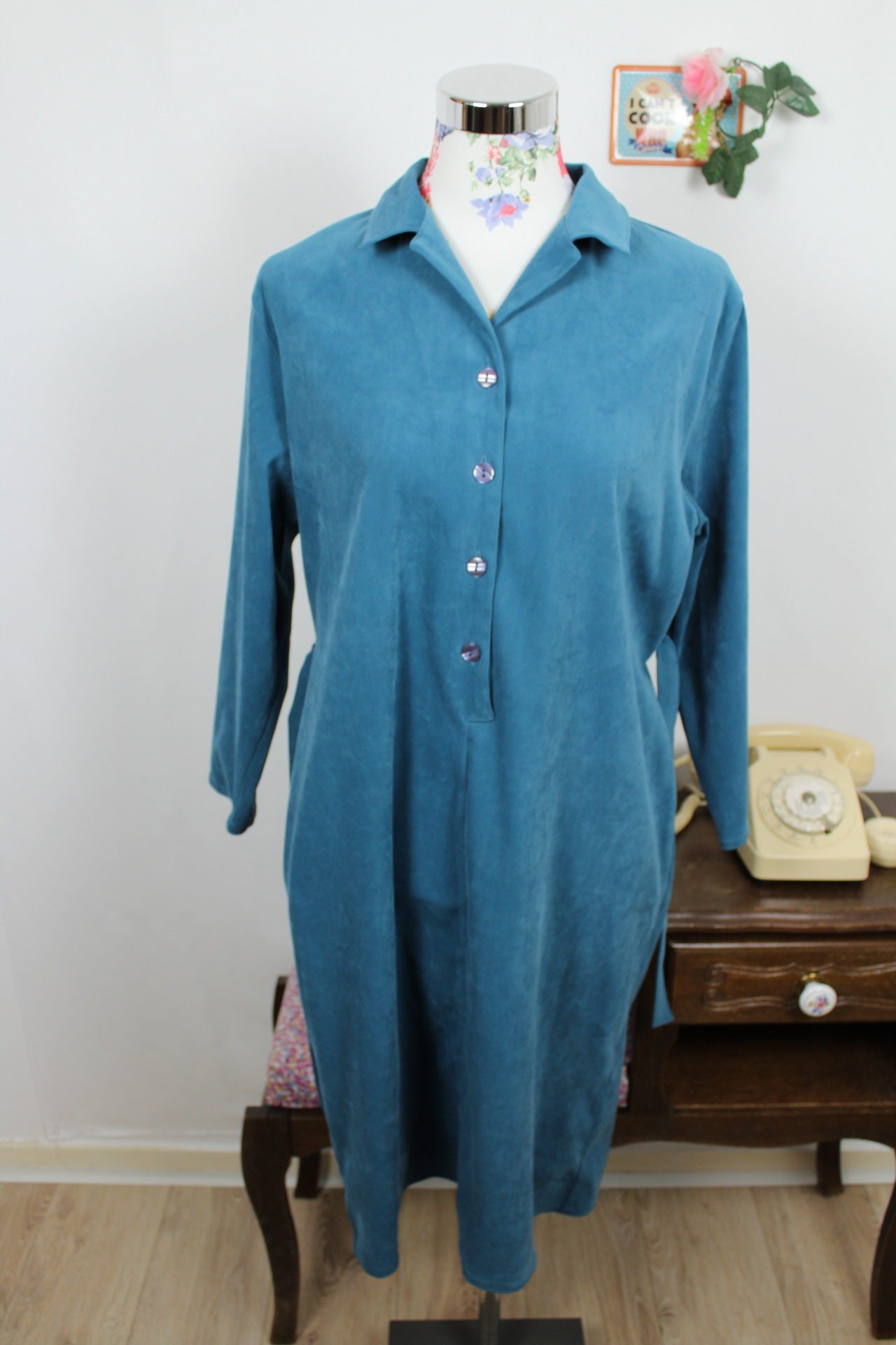 🌸🍒Robe bleu vintage velours lisse - esprit chemise ceinturée - années 90 - Taille 40/42🍒🌸