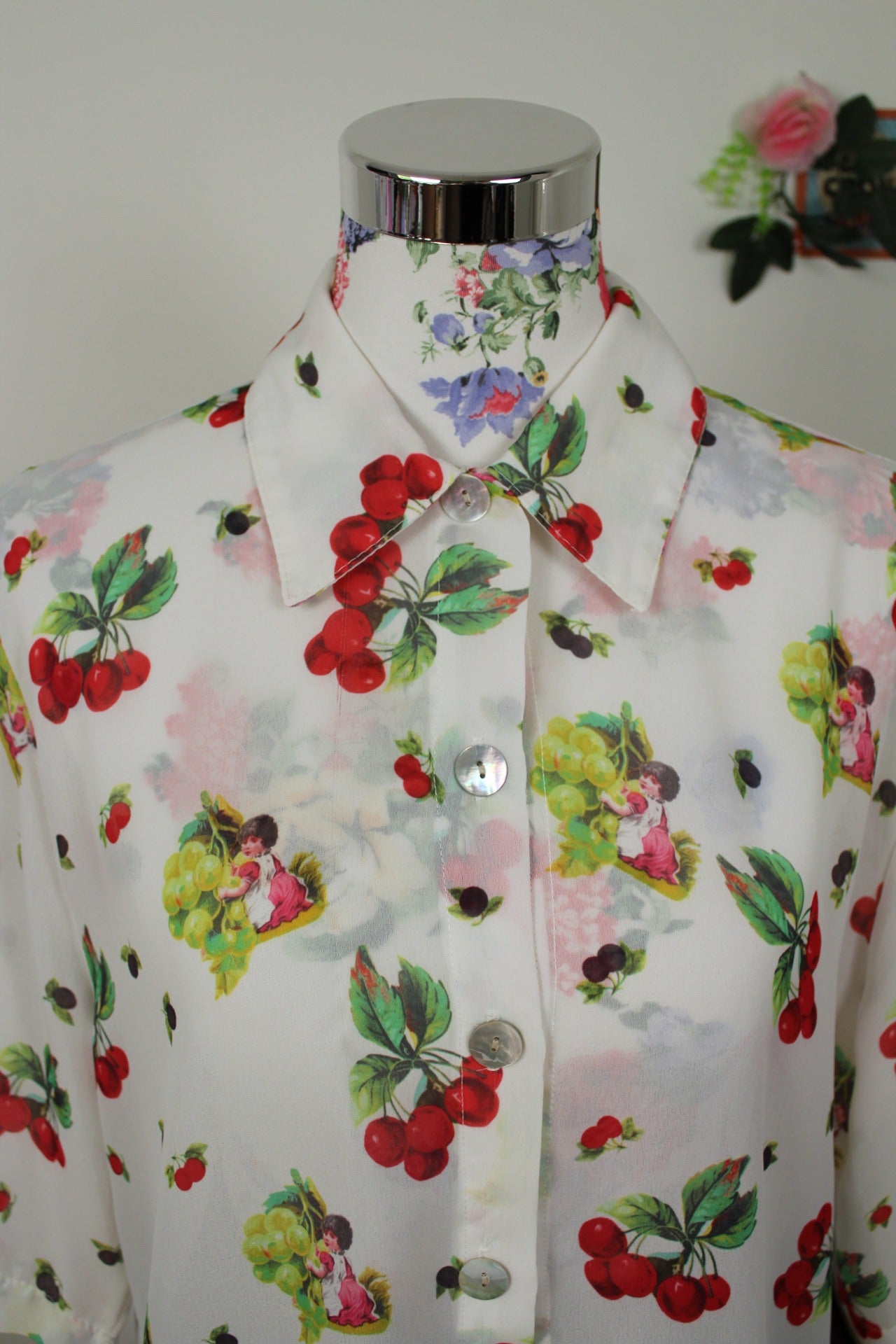 🌸🍒Chemise vintage 80/90's motifs fruits & anges romantique - Taille 38/40🍒🌸