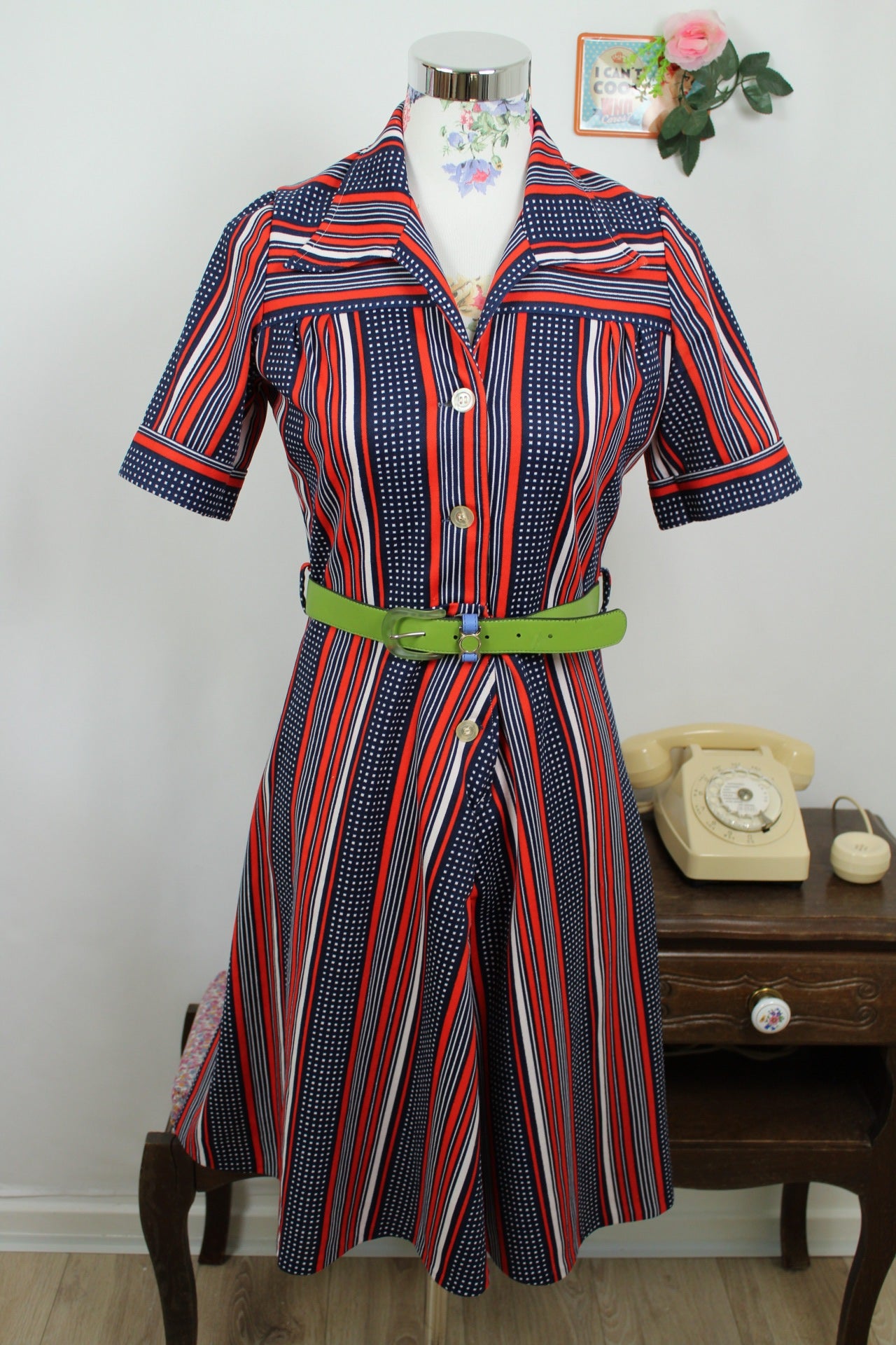 🌸🍒Robe vintage 70's Navy pin-up chic - rayures rouge/marine & pois - Taille 38🍒🌸