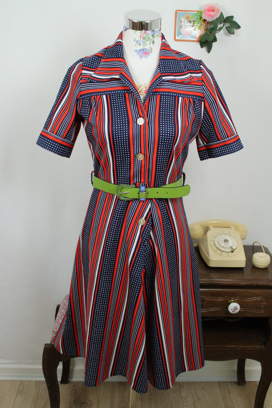 🌸🍒Robe vintage 70's Navy pin-up chic - rayures rouge/marine & pois - Taille 38🍒🌸