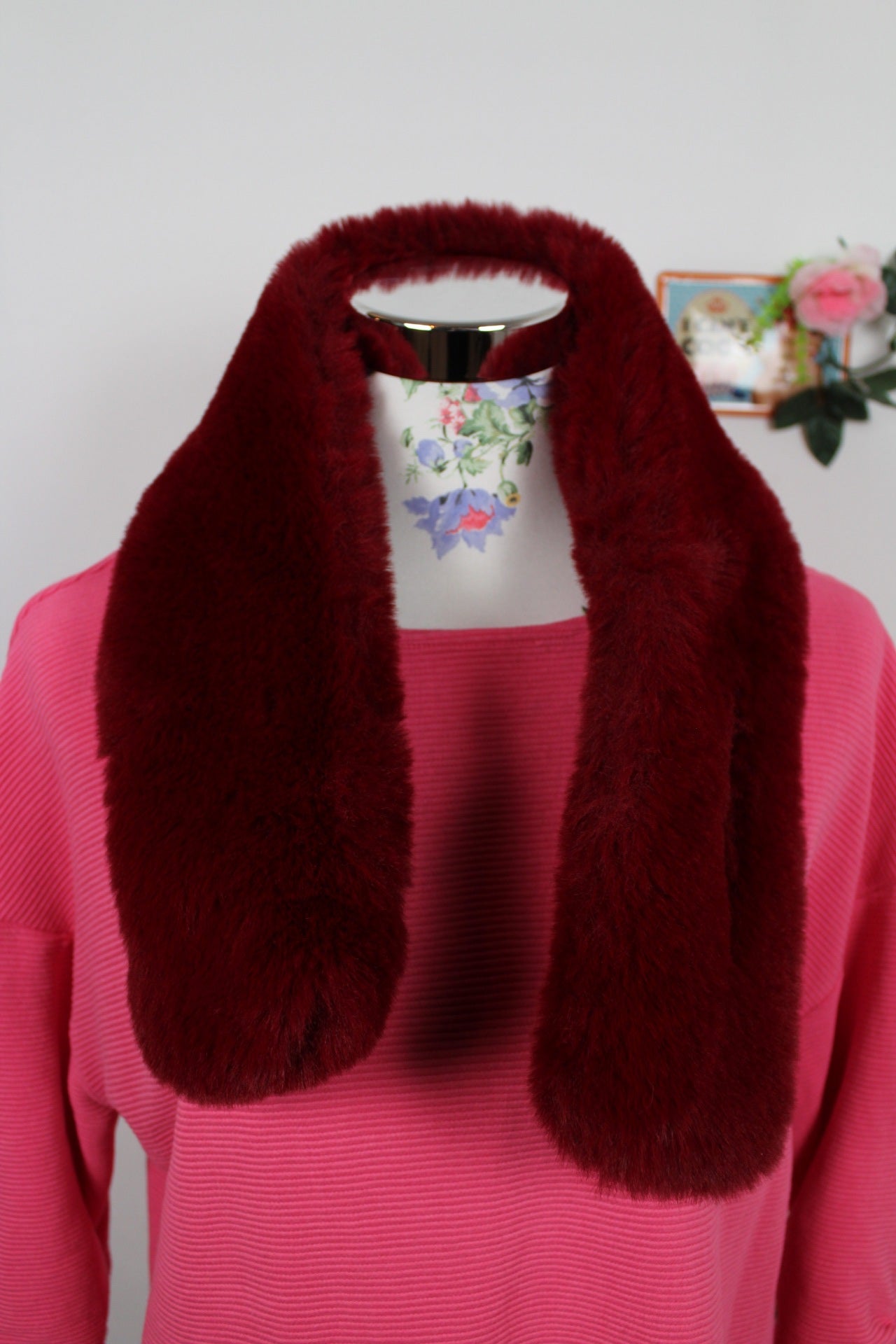 🌸🍒Tour de cou vintage 90's en fausse fourrure bordeaux🍒🌸