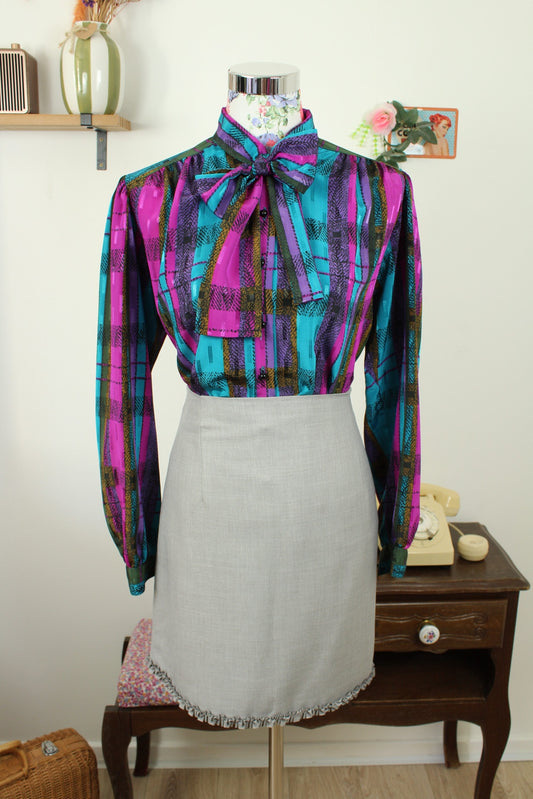 Chemise vintage allées 80 col lavallière rayée couleurs pep's - Taille 42/44