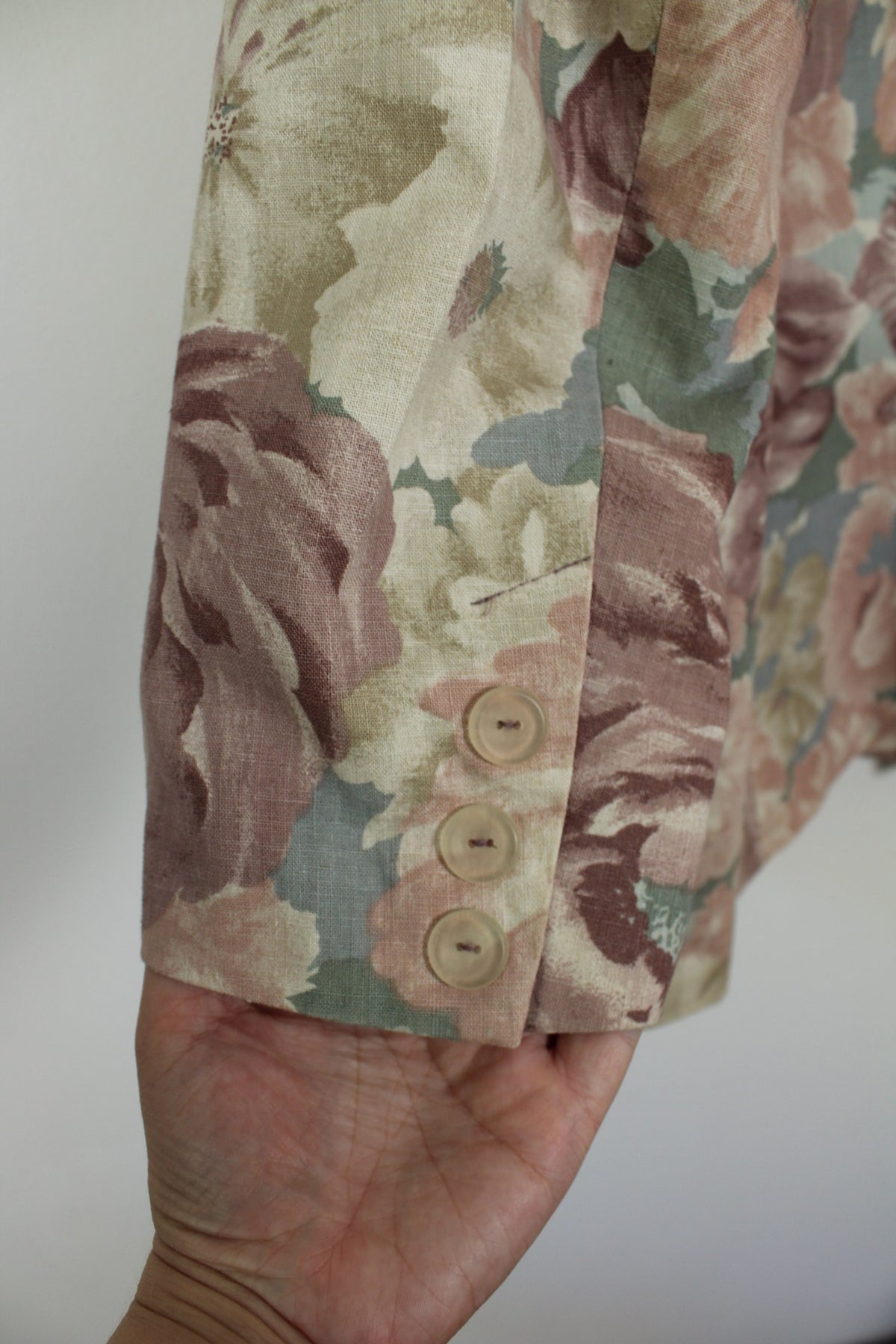 Veste vintage années 90 fleurs pastel esprit tapisserie romantique en lin & coton - Taille 44