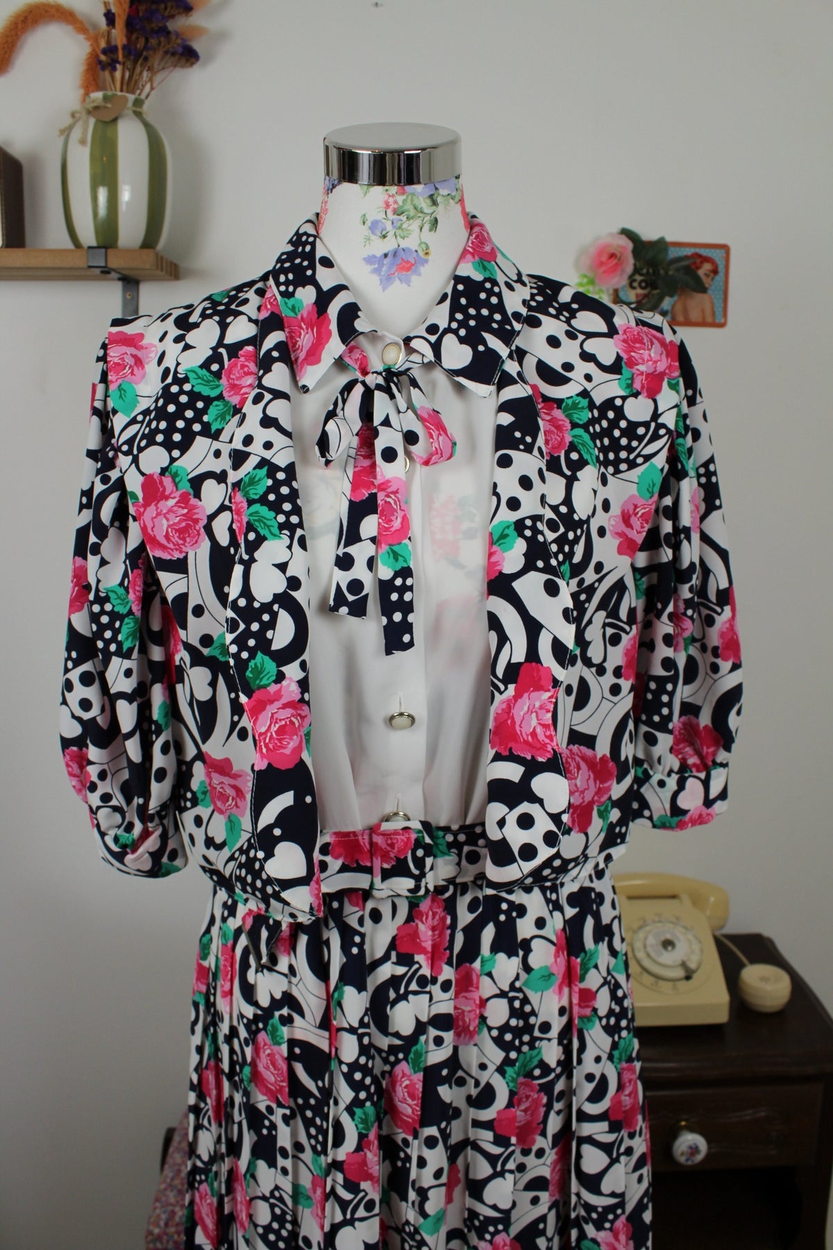 Robe vintage années 80 roses, pois & trèfles - boléro inclus - Taille 46/48